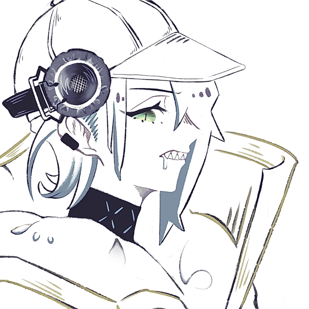 mugioec, asbestos (arknights), infection monitor (arknights), arknights, commentary request, 1girl, asymmetrical hair, baseball cap, choker, clenched teeth, coat, drooling, ear piercing, earpiece, fur trim, green eyes, hair over one eye, hat, headphones, jacket, looking at viewer, piercing, portrait, saliva, sharp teeth, short hair, simple background, slit pupils, solo, teeth, upper body, white background, white hair, white hat