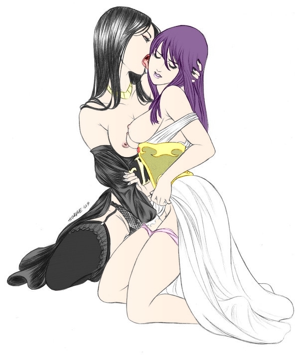 athena, kido saori, pandora (saint seiya), saint seiya, 2girls, bare shoulders, black hair, breasts, closed eyes, clothes lift, dress, dress lift, fingering, garter straps, kneeling, legs, licking, lingerie, lips, lipstick, long hair, makeup, medium breasts, multiple girls, nipples, open mouth, panties, panty pull, pink panties, purple hair, sideboob, thighhighs, thighs, tongue, underwear, yuri