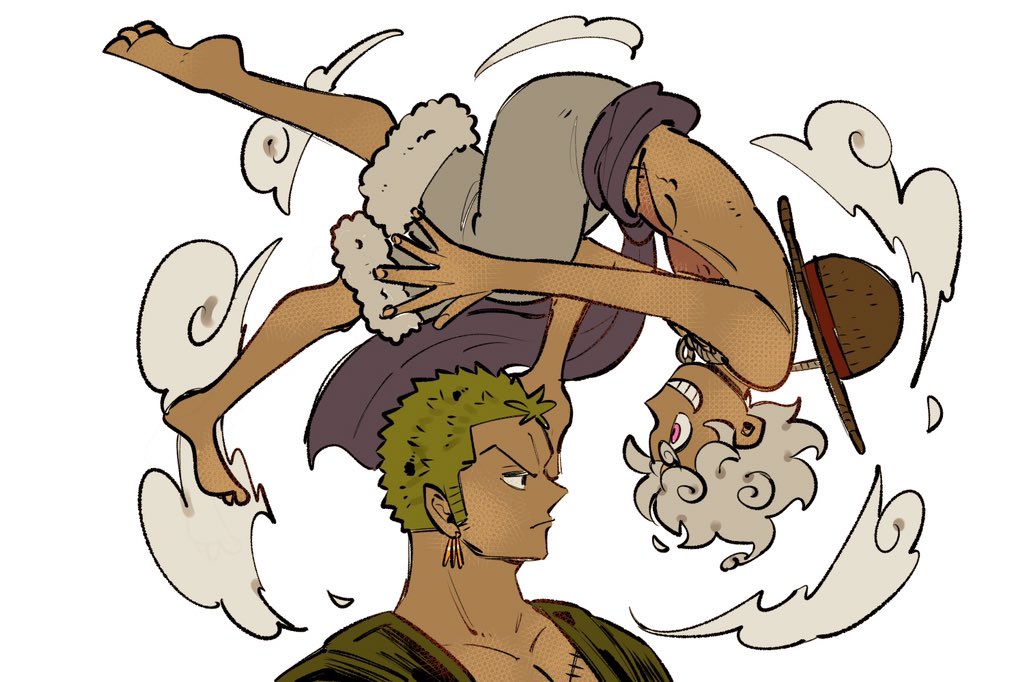 mugiwarakuroko, monkey d. luffy, roronoa zoro, one piece, commentary request, 2boys, barefoot, closed mouth, earrings, eye contact, floating, from side, frown, fur-trimmed shorts, fur trim, gear fifth, green hair, green shirt, grey shorts, grin, hat, hat on back, jewelry, looking at another, male focus, multiple boys, multiple earrings, piercing, profile, purple sash, red eyes, sash, scar, scar on stomach, shirt, short hair, shorts, sideburns, simple background, smile, straw hat, teeth, topless male, unworn headwear, v-shaped eyebrows, very short hair, white background, white hair