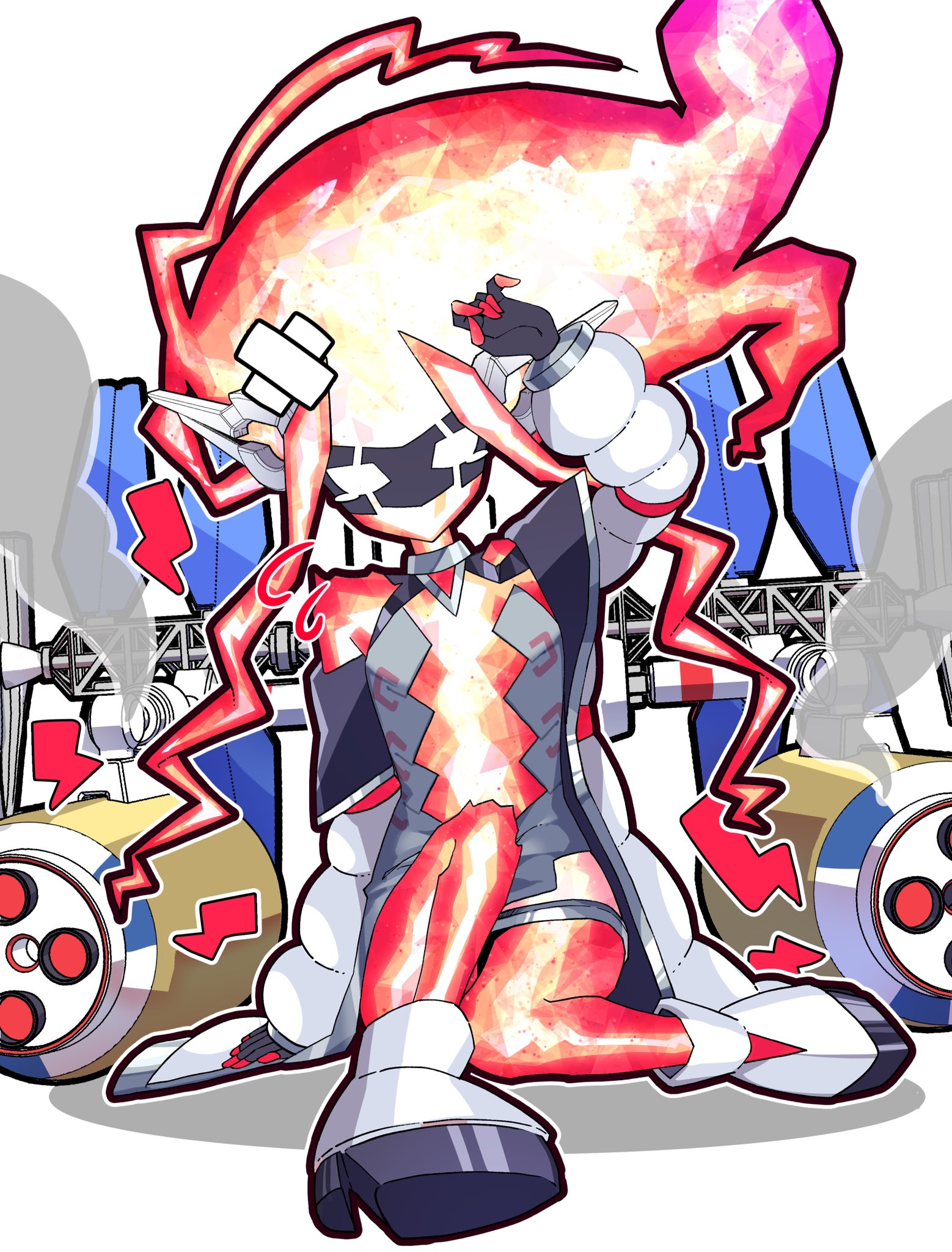 enmo takeshita, spright elf, yu-gi-oh!, commentary, highres, symbol-only commentary, 1girl, arm up, bare shoulders, breasts, cleavage cutout, clothing cutout, colored skin, duel monster, electricity, elemental (creature), energy, energy girl, eye mask, jacket, lightning elemental, lightning hair, long hair, mask, red skin, see-through clothes, see-through skirt, skirt, small breasts, smoke, solo, stomach cutout, thighs, weapon, white background, white jacket