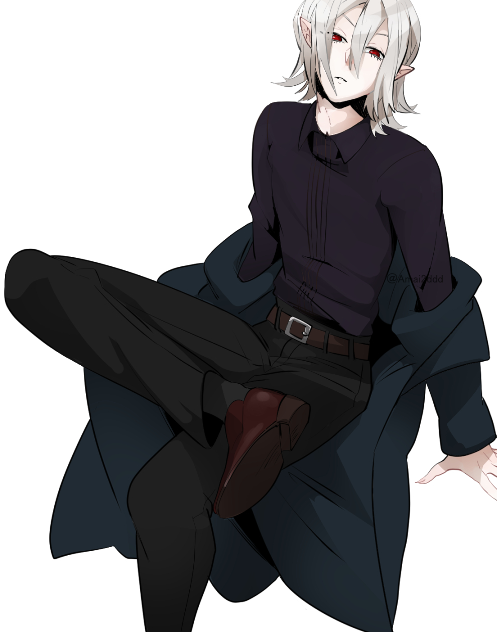 dabu (dabuchan), mihai florescu, kemono jihen, highres, 1boy, collared shirt, figure four sitting, fingernails, long fingernails, male focus, medium hair, parted lips, pointy ears, red eyes, shirt, sitting, solo, white background, white hair