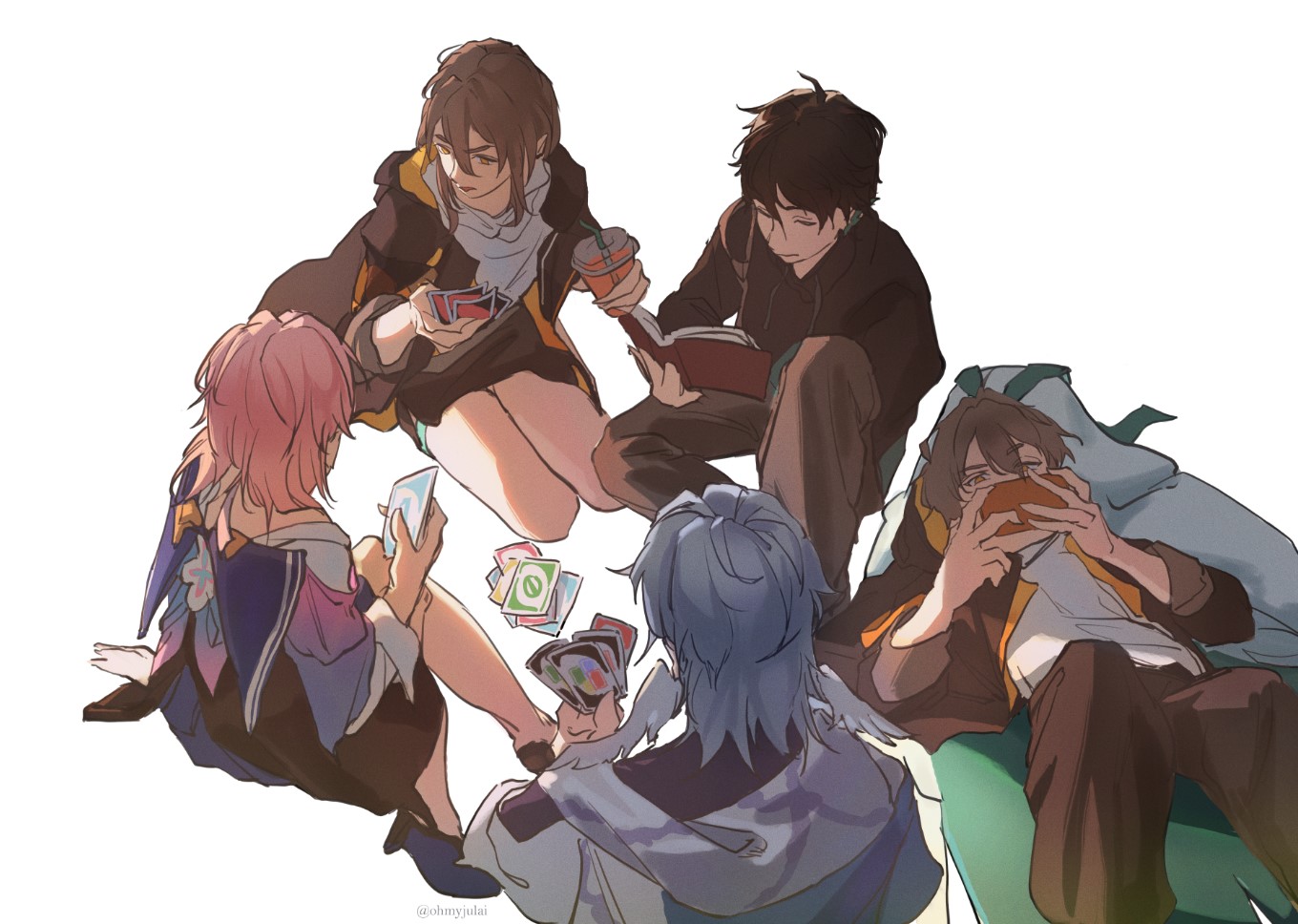 caelus (honkai: star rail), dan heng (honkai: star rail), dan heng (hunt) (honkai: star rail), march 7th (honkai: star rail), march 7th (preservation) (honkai: star rail), stelle (honkai: star rail), sunday (honkai: star rail), trailblazer (honkai: star rail), honkai: star rail, honkai (series), uno (game), hashtag-only commentary, 2girls, 3boys, baggy pants, between fingers, black coat, black gloves, black hair, black jacket, black pants, black shirt, black shoes, black skirt, blue jacket, blue skirt, book, card, cellphone, chinese clothes, closed mouth, coat, cup, disposable cup, drink, drinking straw, dual persona, earclip, earrings, feathered wings, feet out of frame, flower, flower ornament, from behind, full body, gloves, green coat, green eyes, grey hair, grey pants, hair between eyes, half-closed eyes, hand up, hands up, head wings, holding, holding book, holding card, holding cup, holding phone, hood, hooded coat, jacket, jewelry, lapels, long hair, long sleeves, looking at object, looking up, lying, miniskirt, multicolored coat, multicolored jacket, multiple boys, multiple girls, no halo, oh my julai, on back, open book, open clothes, open coat, open jacket, open mouth, pants, phone, pink hair, playing card, puffy long sleeves, puffy sleeves, reading, scarf, seiza, shirt, shoes, short hair, simple background, single earring, sitting, skirt, smartphone, t-shirt, thigh strap, two-sided coat, two-sided fabric, two-sided jacket, two-tone coat, two-tone jacket, upper body, v-shaped eyebrows, white background, white coat, white flower, white jacket, white scarf, white shirt, wings, yellow coat, yellow eyes, yellow jacket