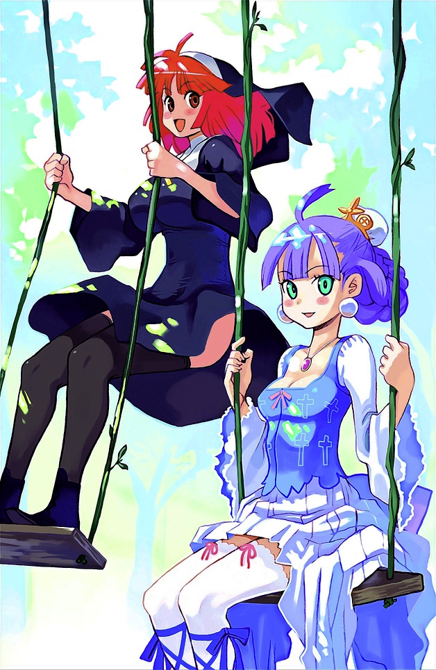 ryoji (nomura ryouji), eclair (la pucelle), prier, la pucelle, habit, official art, 2girls, breasts, cleavage, cross, dress, earrings, frills, green eyes, jewelry, large breasts, multiple girls, nun, on swing, purple hair, red eyes, red hair, standing, standing on swing, swing, thighhighs