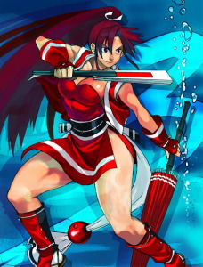 shiranui mai, fatal fury, snk, the king of fighters, lowres, 1girl, breasts, fighting, hand fan, ninja