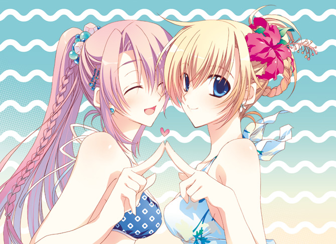 trough shell, ashihara chihiro, kasuga nozomi, harukanaru toki no naka de, bad id, bad pixiv id, 00s, bikini, blonde hair, blue eyes, braid, japanese clothes, long hair, pink hair, ponytail, swimsuit