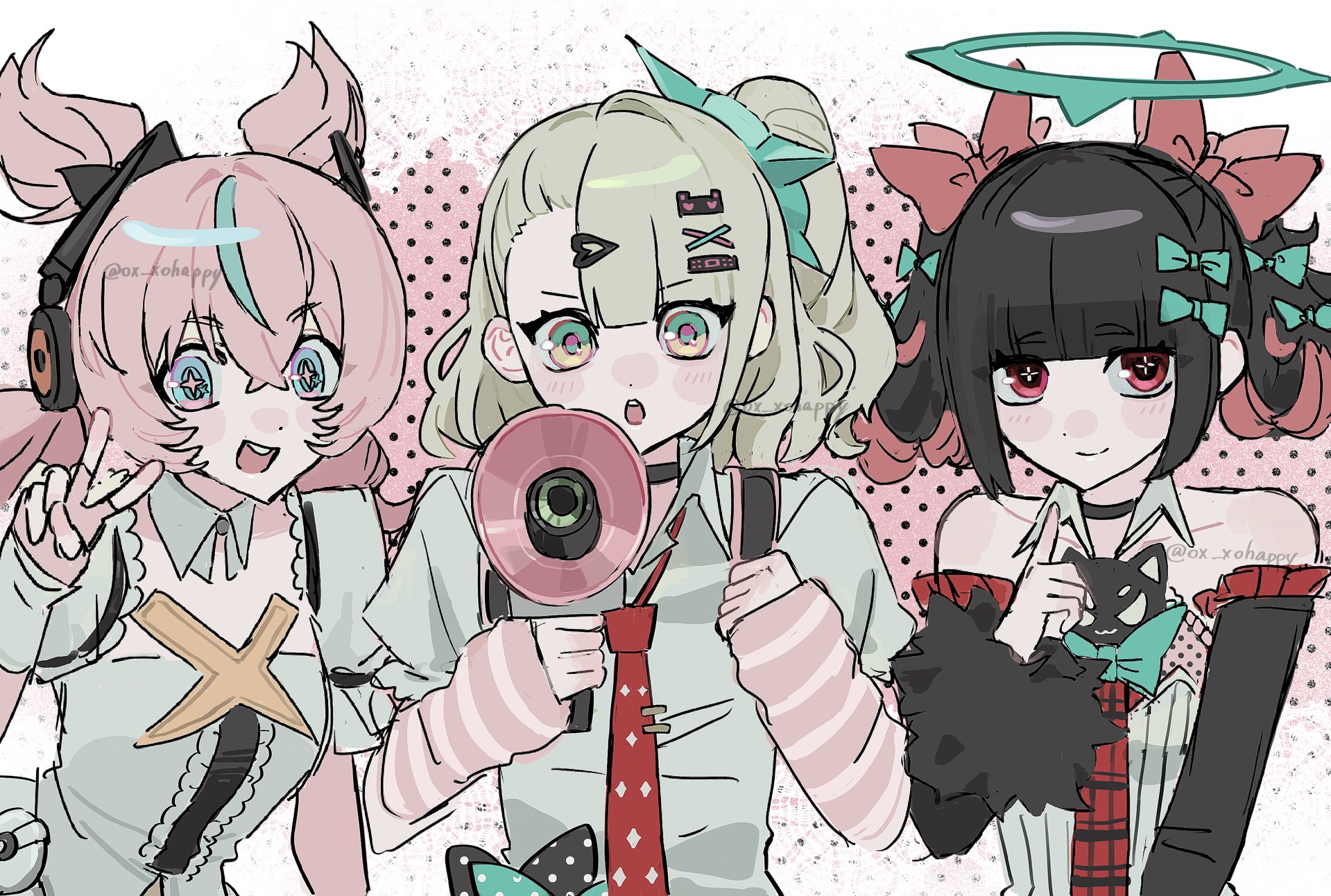 ox xohappy, chinatsu remiel, rokudu sariel, yutane johiel, zenless zone zero, highres, 3girls, bandaid, bandaid hair ornament, bare shoulders, black choker, black hair, blue eyes, blue streaks, blush, bow, center frills, choker, closed mouth, collarbone, colored inner hair, detached collar, detached sleeves, dotted background, dress, fingerless gloves, frills, fur-trimmed sleeves, fur trim, gloves, green bow, green eyes, green hair, hair bow, hair ornament, holding, holding megaphone, looking at viewer, megaphone, multicolored hair, multiple girls, multiple hair clips, necktie, open mouth, pink arm warmers, pink background, pink bag, pink gloves, pink hair, ponytail, red bow, red eyes, red necktie, shirt, short twintails, smile, streaked hair, striped arm warmers, teeth, too many bows, twintails, two-tone background, upper body, upper teeth only, v, white background, white dress, white shirt