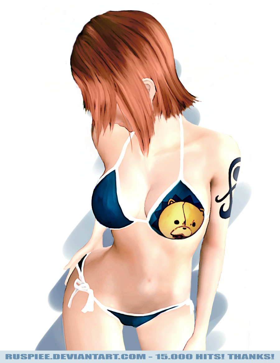 kon (bleach), nami (one piece), bleach, one piece, 00s, 1girl, 3d, bikini, breasts, cleavage, crossover, female focus, hair over face, large breasts, orange hair, short hair, side-tie bikini bottom, simple background, solo, swimsuit, tattoo