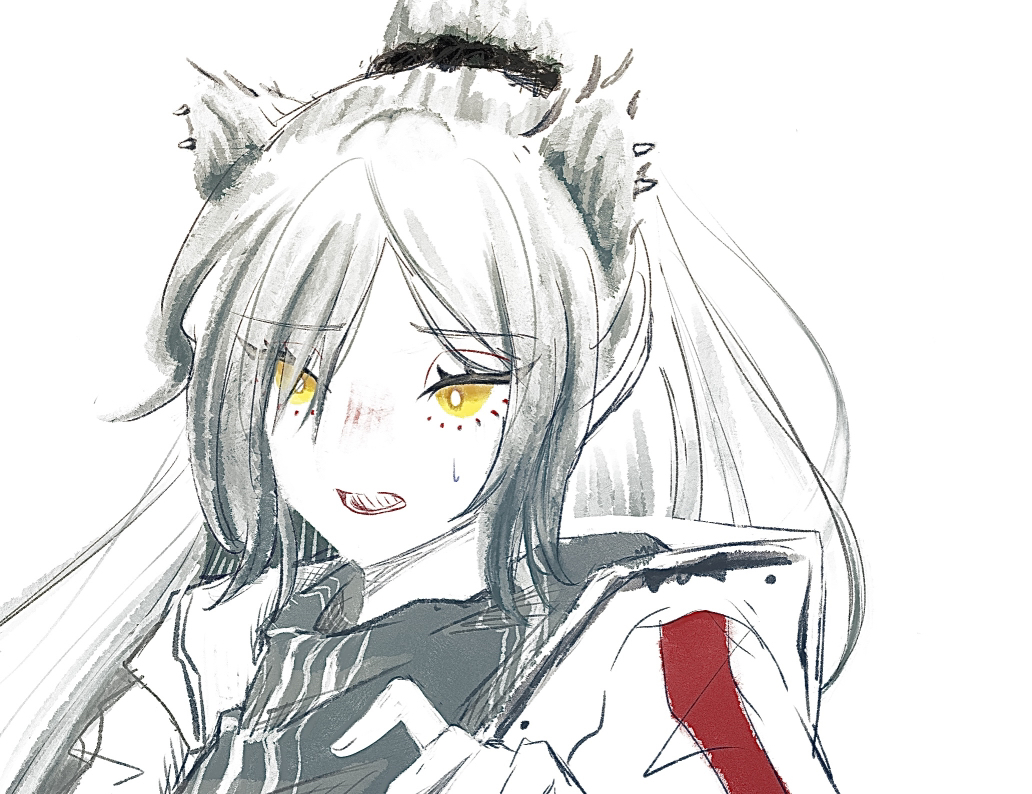 mugioec, schwarz (arknights), arknights, commentary request, 1girl, animal ears, black scarf, cat ears, cat girl, ear piercing, grey hair, jacket, long hair, looking at viewer, open clothes, open jacket, open mouth, piercing, ponytail, portrait, scarf, simple background, sketch, solo, sweatdrop, teeth, upper body, white background, white jacket, yellow eyes