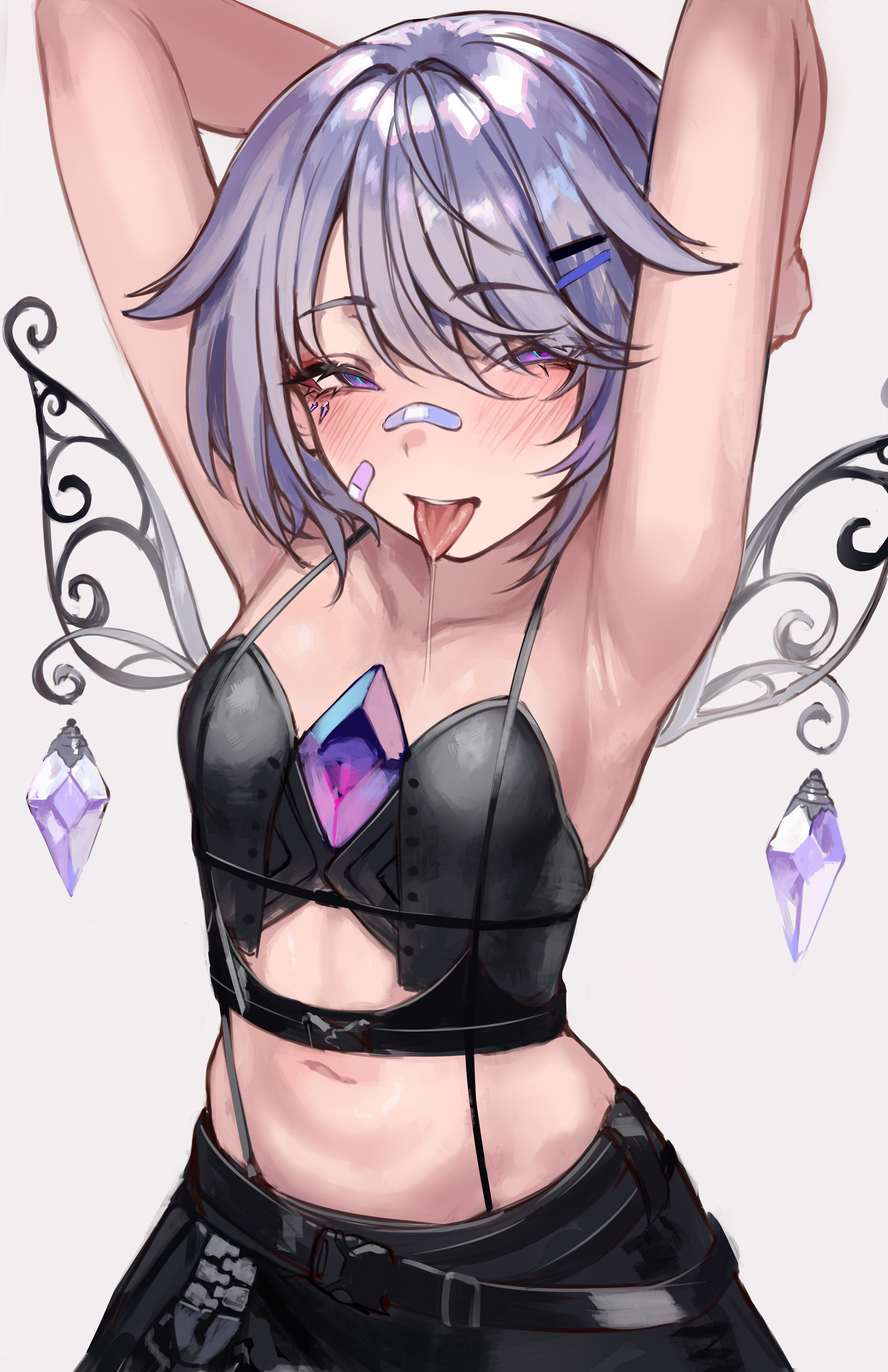 naokomama, koseki bijou, koseki bijou (casual), hololive, hololive english, absurdres, commentary, english commentary, highres, 1girl, armpits, arms behind head, bandaid, bandaid on cheek, bandaid on face, bandaid on nose, chest jewel, gem, jewel under eye, metal wings, official alternate costume, purple eyes, purple gem, purple hair, saliva, short hair, solo, tongue, tongue out, upper body, white background