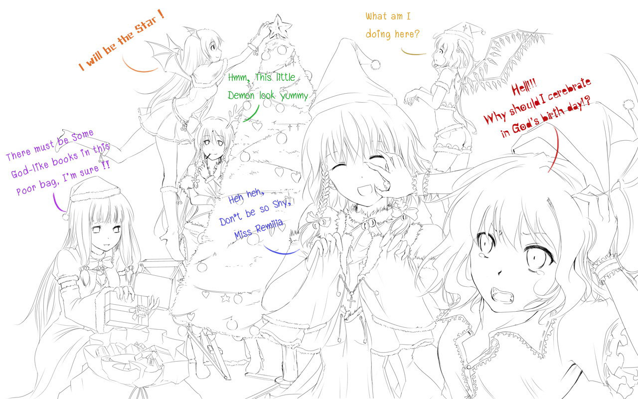 sinzire, flandre scarlet, hong meiling, koakuma, patchouli knowledge, remilia scarlet, embodiment of scarlet devil, touhou, md5 mismatch, 6+girls, dress, english text, engrish text, female focus, hat, monochrome, multiple girls, multiple monochrome, plant, ranguage, skirt, upper body, white background