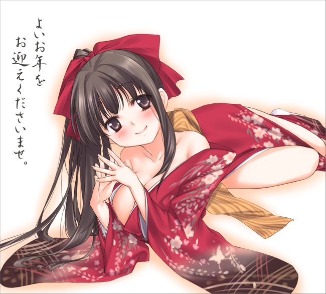 kanda aya, motoori chigusa, original, 1girl, bare shoulders, black hair, blush, breasts, cleavage, female focus, hair ribbon, japanese clothes, kimono, large breasts, long hair, looking at viewer, lying, off shoulder, on side, ponytail, ribbon, smile, solo, steepled fingers