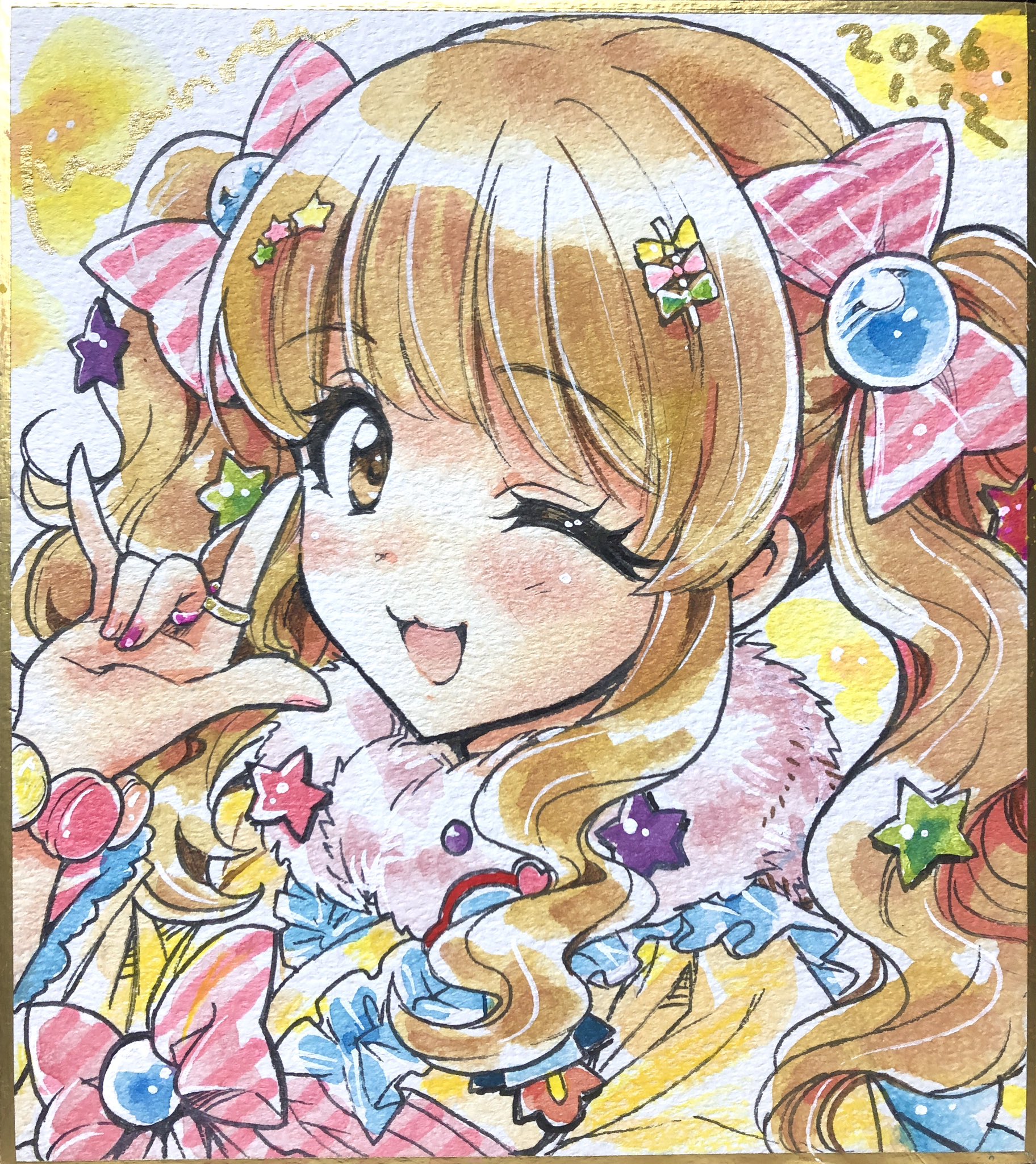 marine (confeitokobo), character request, clothing request, commentary request, copyright request, highres, traditional media, 1girl, :3, m/, bow, dated, frills, fur trim, gold border, hair ornament, light blush, long hair, looking at viewer, one eye closed, open mouth, portrait, shikishi, signature, smile, solo, upper body, yellow background