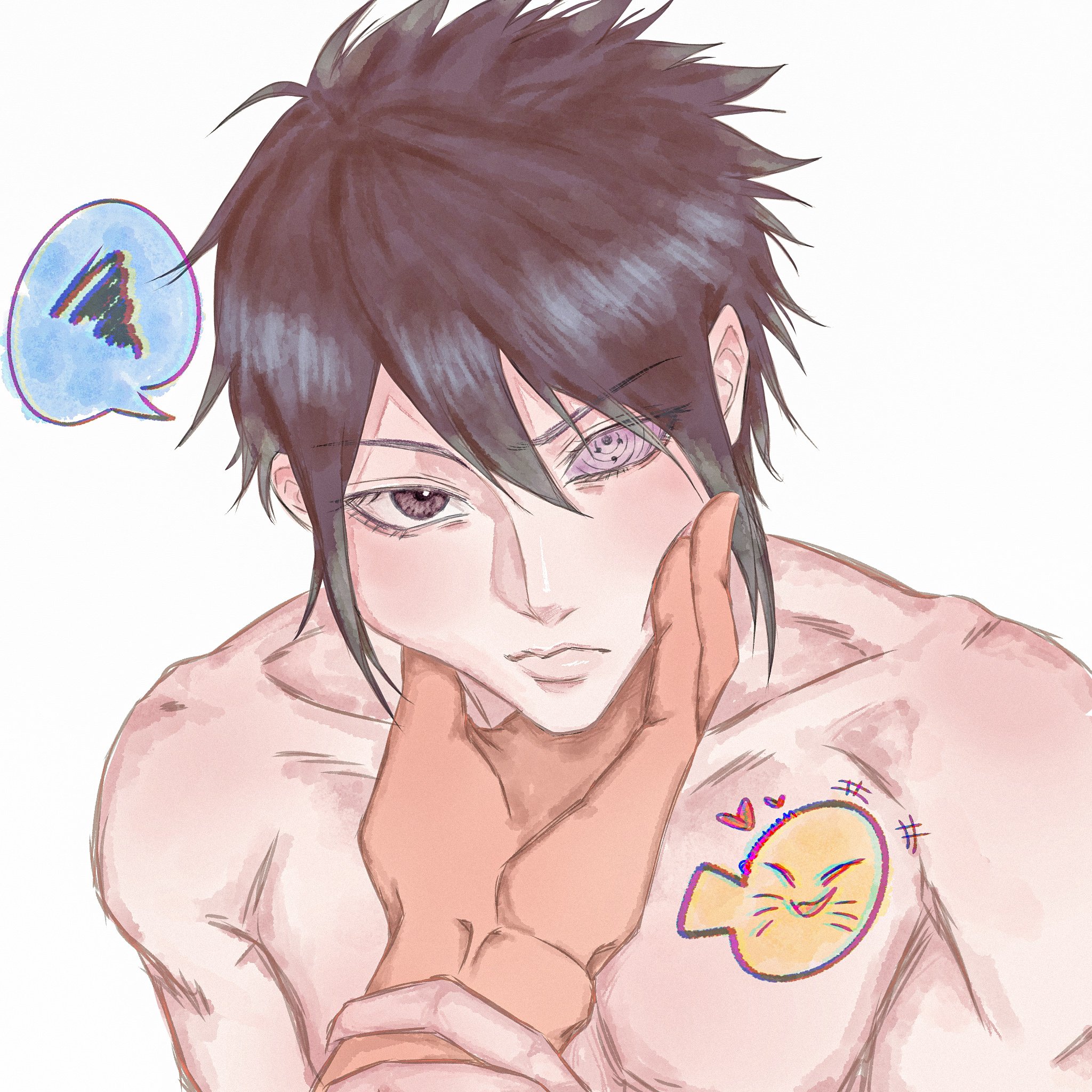 uchiha sasuke, uzumaki naruto, naruto (series), hashtag-only commentary, highres, 2boys, black eyes, black hair, closed mouth, collarbone, hand on another's chin, heart, lips, looking at viewer, male focus, multiple boys, out of frame, purple eyes, rinnegan, ruru1sm, short hair, simple background, solo focus, squeans, white background, yaoi