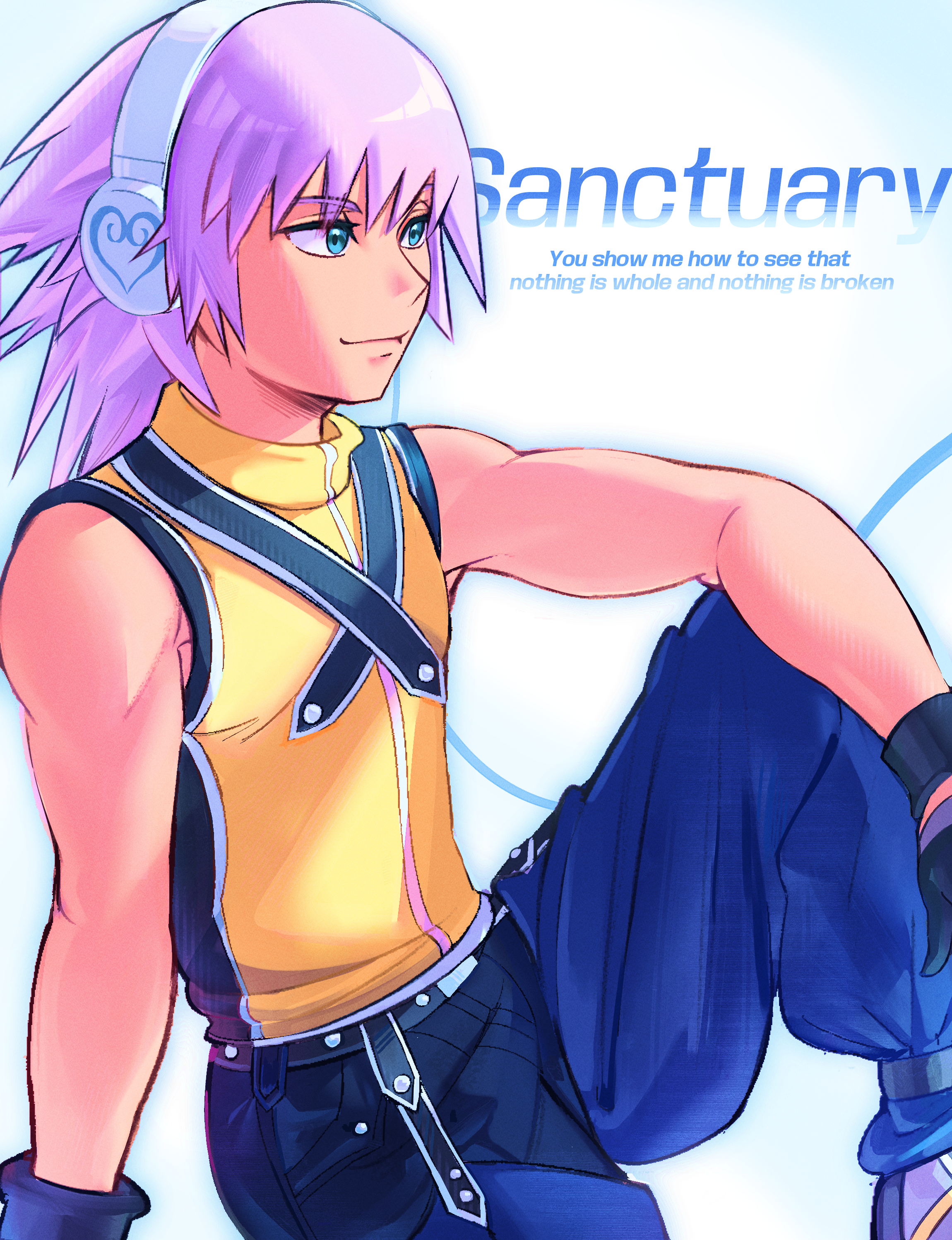 riku (kingdom hearts), kingdom hearts, kingdom hearts i, absurdres, commentary request, highres, mixed-language commentary, 1boy, bare shoulders, black gloves, blue eyes, blue pants, english text, gloves, headphones, long hair, muscular, muscular male, pants, pink hair, simple background, sitting, sleeveless, solo, white background, wreckedpolygon