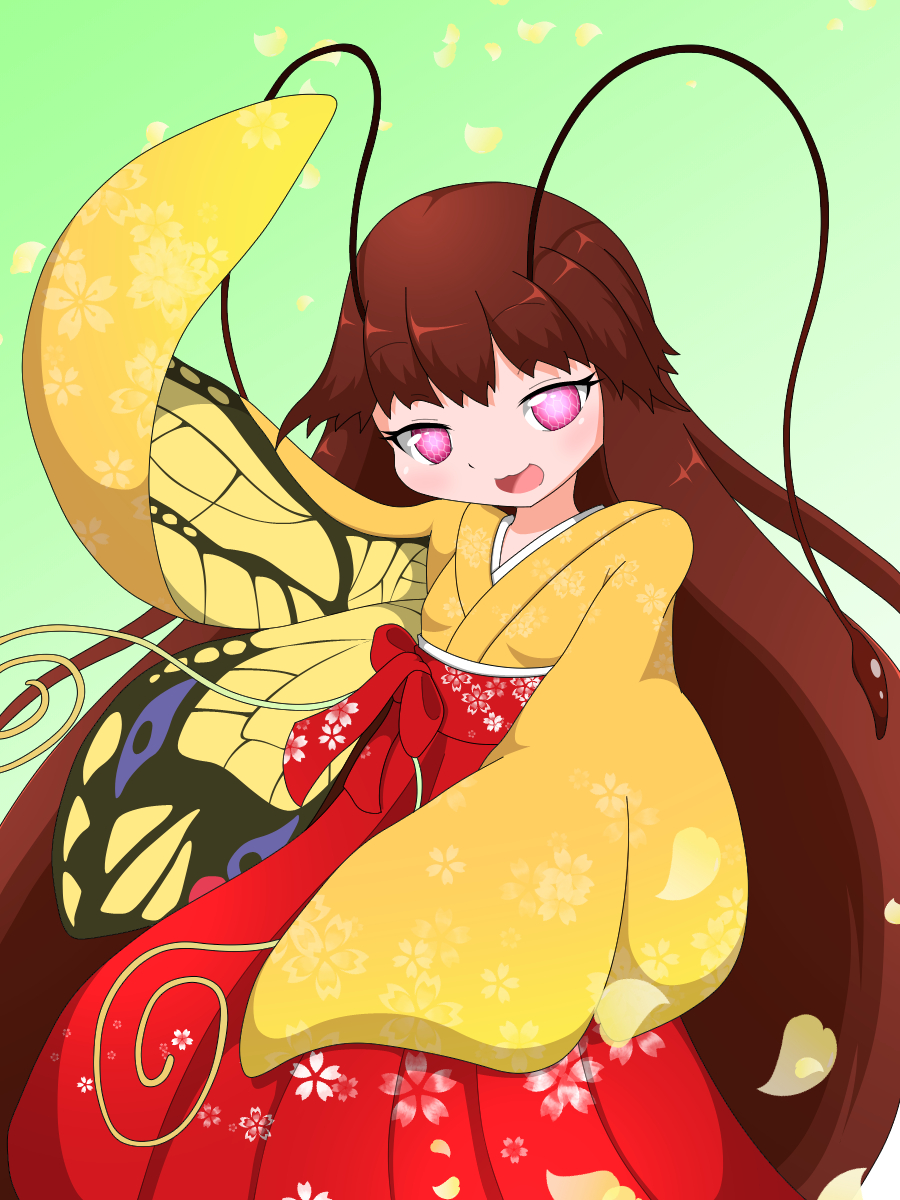 amauchi, mon-musu quest!, mon-musu quest: paradox, commentary request, highres, 1girl, ageha (mon-musu quest!), antennae, arthropod girl, arthropod limbs, bow, brown hair, butterfly girl, butterfly wings, compound eyes, floral print, green background, insect wings, japanese clothes, kimono, long hair, looking at viewer, monster girl, moth antennae, multicolored kimono, open mouth, petals, pink eyes, red bow, very long hair, winged arms, wings