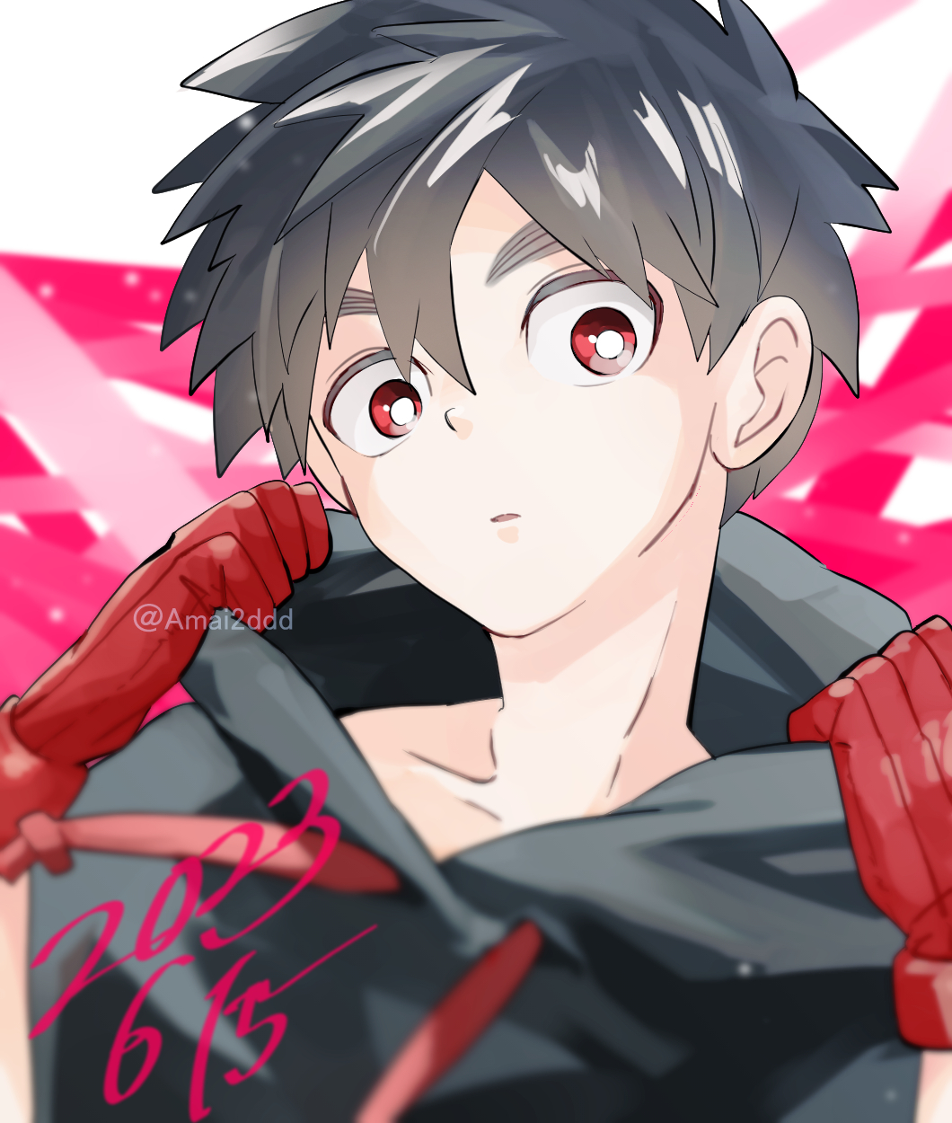 dabu (dabuchan), kusaka kabane, kemono jihen, highres, 1boy, black hair, dated, gloves, male focus, parted lips, portrait, red eyes, red gloves, short hair, solo, thick eyebrows