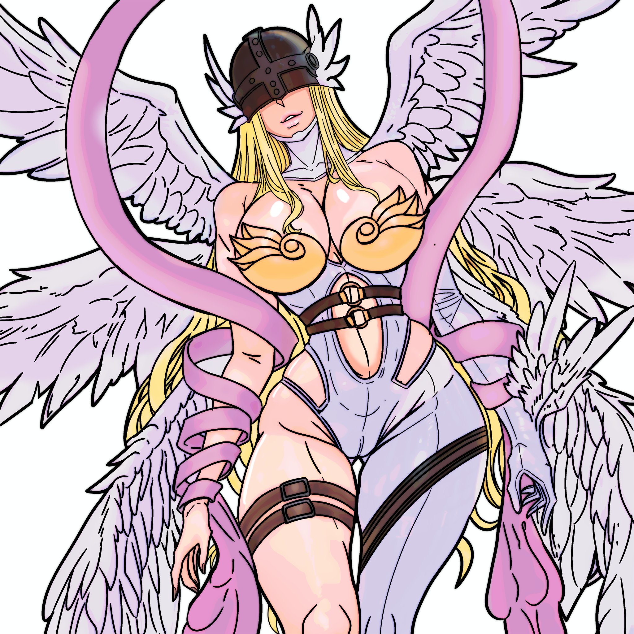 master dcj, angewomon, digimon, highres, 1girl, 2025, angel, angel girl, angel wings, asymmetrical clothes, asymmetrical legwear, bare shoulders, blonde hair, breasts, collarbone, covered eyes, digimon (creature), feathered wings, female focus, head wings, helmet, helmet over eyes, long hair, multiple wings, pink shawl, shawl, shiny skin, simple background, thigh strap, thighs, white background, wings, wrist wings