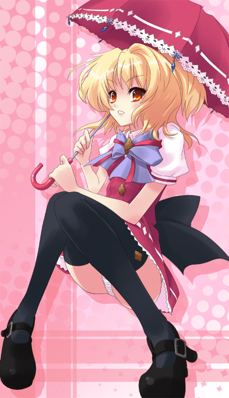 sumire (artist), urabi (tomatohouse), sumeragi amane (flyable heart), flyable heart, 1girl, asymmetrical hair, black thighhighs, blonde hair, blue panties, blush, bow, bowtie, dress, female focus, gem, halftone, lace, lipstick, makeup, mary janes, orange eyes, panties, pantyshot, polka dot, polka dot background, ponytail, ribbon, school uniform, shadow, shoes, short hair, side ponytail, sitting, smile, solo, striped clothes, striped panties, thighhighs, umbrella, underwear