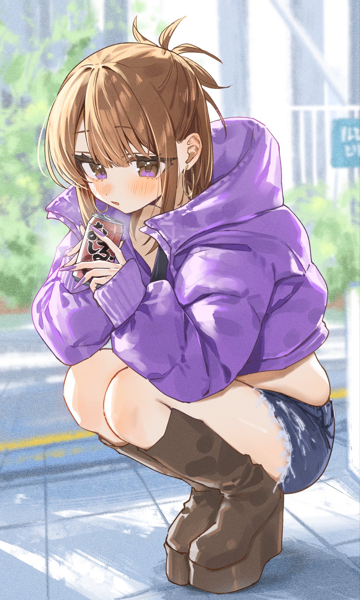 misekiss, commentary, highres, 1girl, boots, brown boots, brown hair, can, canned food, cropped jacket, denim, denim skirt, fingernails, full body, hochiya-san wa amariaru, hochiya kirei, holding, holding can, jacket, long fingernails, looking at viewer, open mouth, platform boots, plump, purple eyes, purple jacket, purple nails, shiruko (food), skirt, solo, squatting