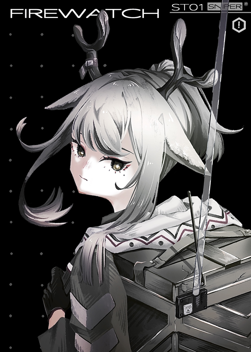 mugioec, firewatch (arknights), arknights, commentary request, 1girl, animal ears, antlers, backpack, bag, black background, black gloves, black jacket, brown eyes, character name, closed mouth, deer antlers, deer ears, deer girl, from behind, gloves, grey hair, grey jacket, hood, hood down, hooded jacket, horns, jacket, long hair, long sleeves, looking at viewer, looking back, ponytail, sidelocks, solo, upper body