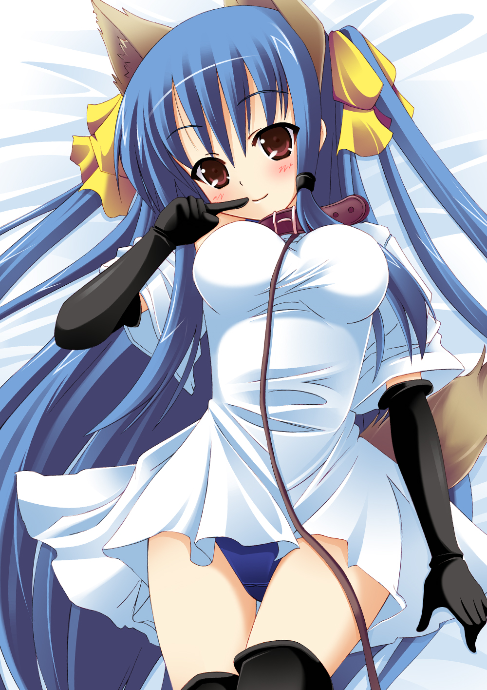 usaginezumi, original, highres, 1girl, animal ears, blue hair, blush, breasts, collar, female focus, leash, panties, ribbon, solo, tail, thighhighs, underwear