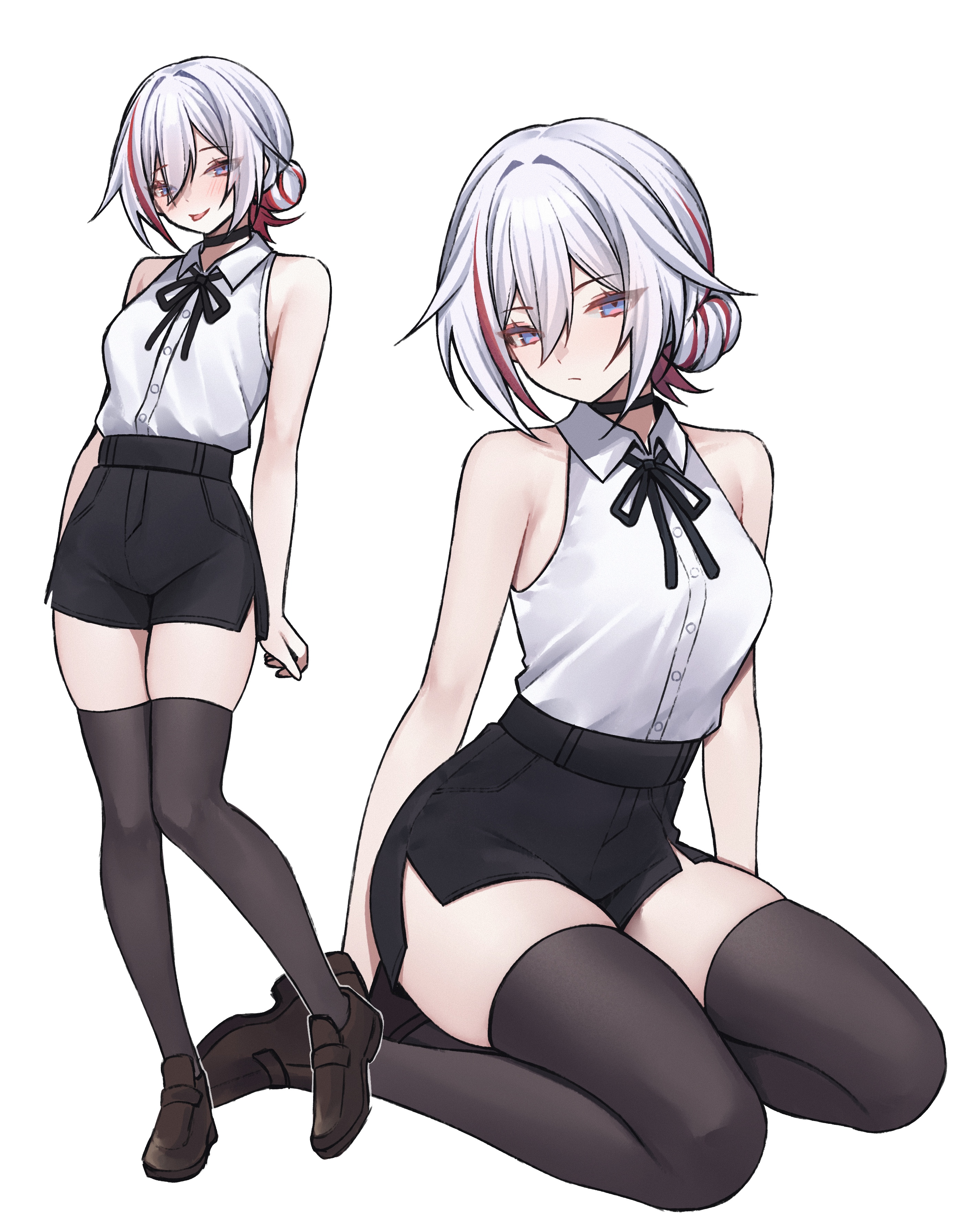 miclipse, reze (chainsaw man), topaz (honkai: star rail), chainsaw man, honkai: star rail, honkai (series), absurdres, commentary, english commentary, highres, 1girl, black choker, black ribbon, black shorts, black thighhighs, blue eyes, blush, breasts, choker, collared shirt, colored inner hair, cosplay, grey hair, hair between eyes, hair bun, hair intakes, looking at viewer, multicolored hair, neck ribbon, penny loafers, red hair, reze (chainsaw man) (cosplay), ribbon, shirt, short hair, shorts, side slit, side slit shorts, skindentation, sleeveless, sleeveless shirt, smile, streaked hair, thighhighs, thighs, white background, white shirt