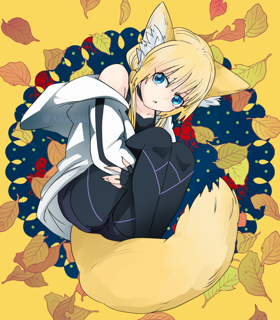 dabu (dabuchan), kon (kemono jihen), kemono jihen, 1girl, animal ears, bare shoulders, black leggings, blonde hair, blue eyes, female focus, fox ears, fox girl, fox tail, full body, hood, hooded jacket, hugging own legs, jacket, leaf, leggings, long hair, low twintails, open mouth, solo, tail, twintails