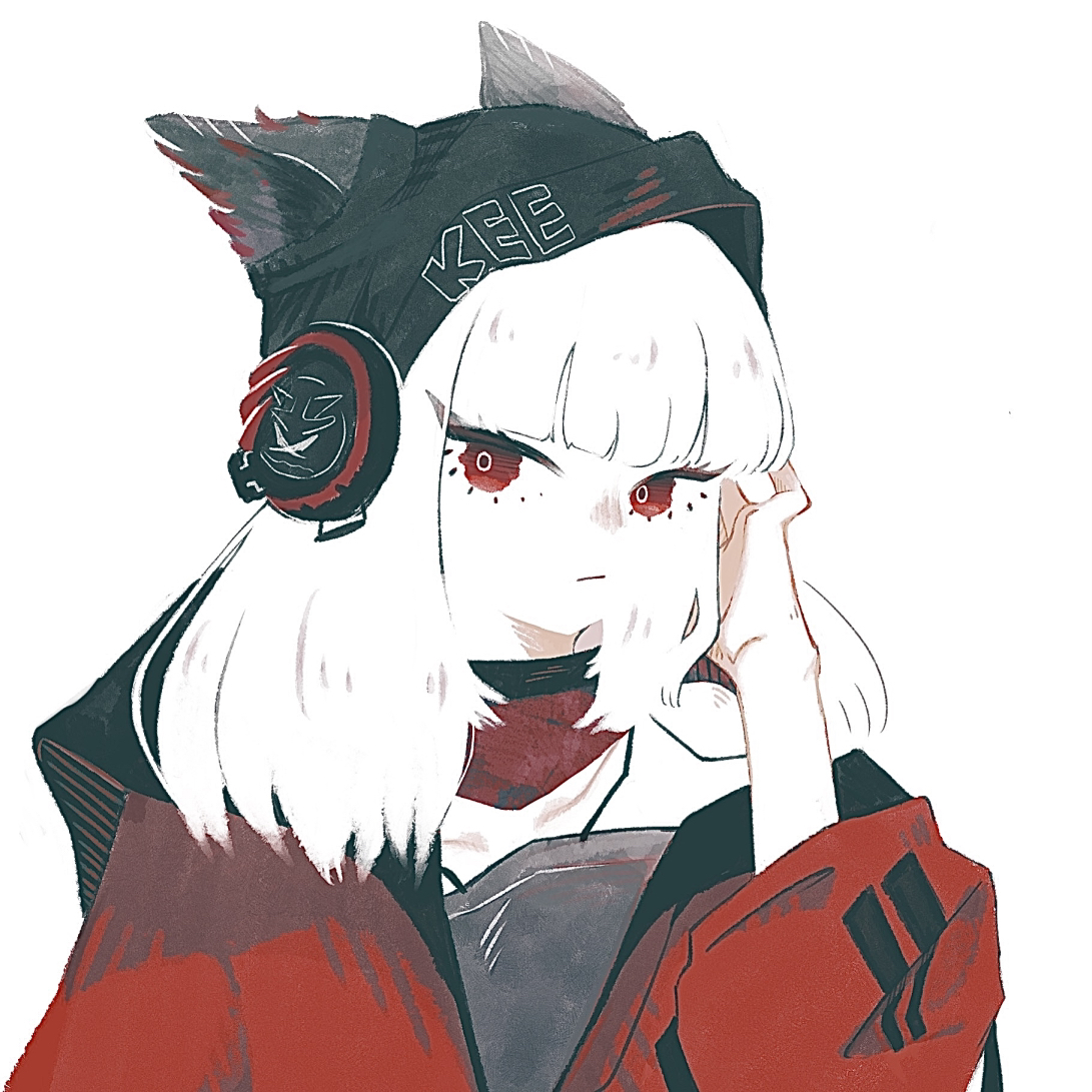 mugioec, frostleaf (arknights), arknights, commentary request, 1girl, animal ears, beanie, black hood, closed mouth, clothes writing, ears through hood, fox ears, fox girl, grey shirt, hand in own hair, hand on headphones, hand up, hat, headphones, implied extra ears, jacket, long hair, looking at viewer, off-shoulder shirt, off shoulder, open clothes, open jacket, red eyes, red jacket, red scarf, scarf, shirt, simple background, solo, upper body, white background, white hair