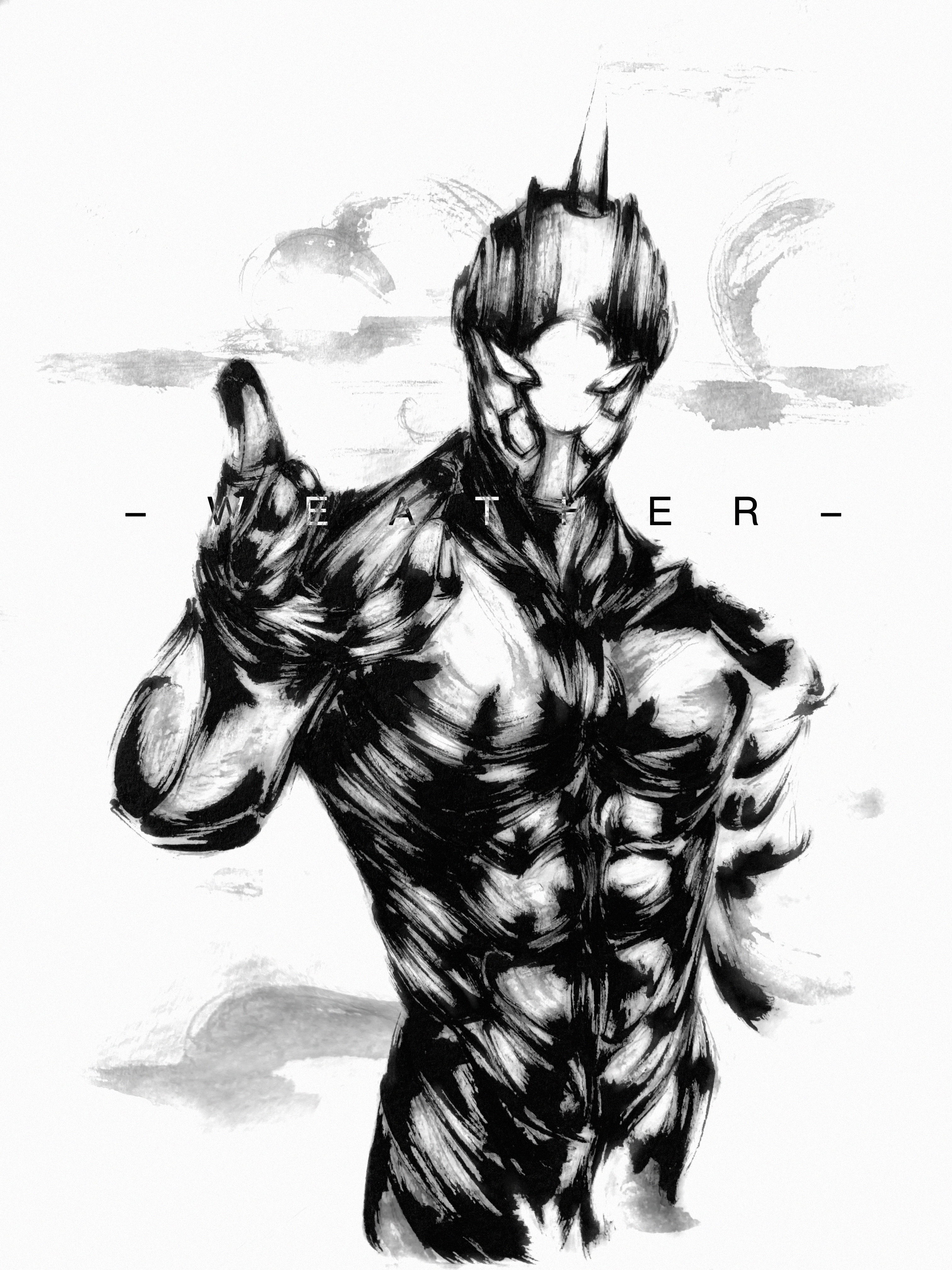 inksac, weather report (stand), jojo no kimyou na bouken, stone ocean, absurdres, commentary, highres, mixed-language commentary, 1boy, abs, arm up, character name, cloud, english text, greyscale, ink, looking at viewer, monochrome, no humans, no pupils, simple background, solo, spikes, stand (jojo), white background