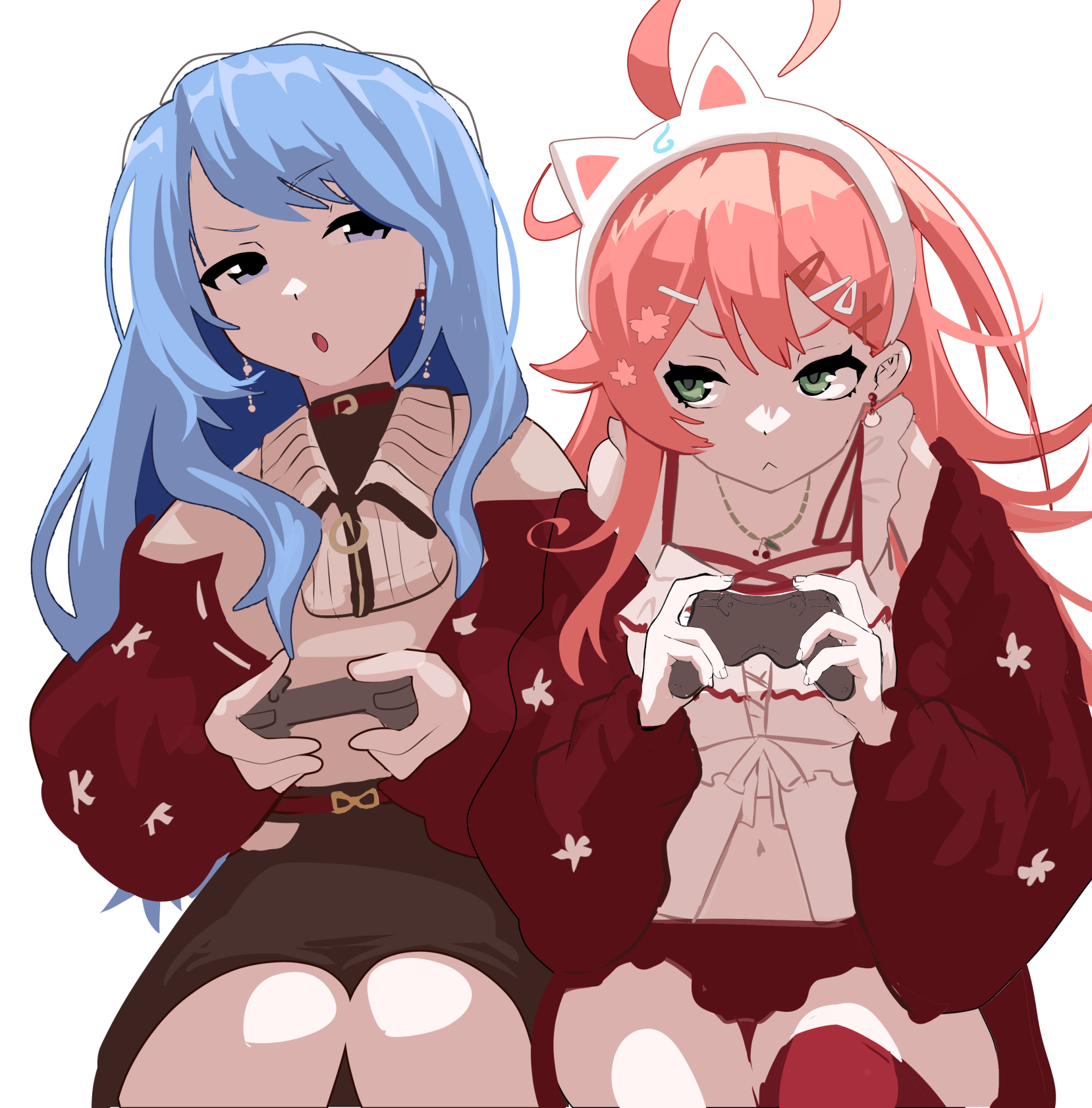 numzawa, hoshimachi suisei, sakura miko, hololive, commentary request, highres, 2girls, ahoge, animal ear hairband, animal ears, blonde hair, blue eyes, cat ear hairband, cat ears, controller, dot nose, earrings, fake animal ears, green eyes, hairband, jewelry, joystick, long sleeves, looking at another, midriff peek, multiple girls, open mouth, pink hair, puffy sleeves, sitting, virtual youtuber