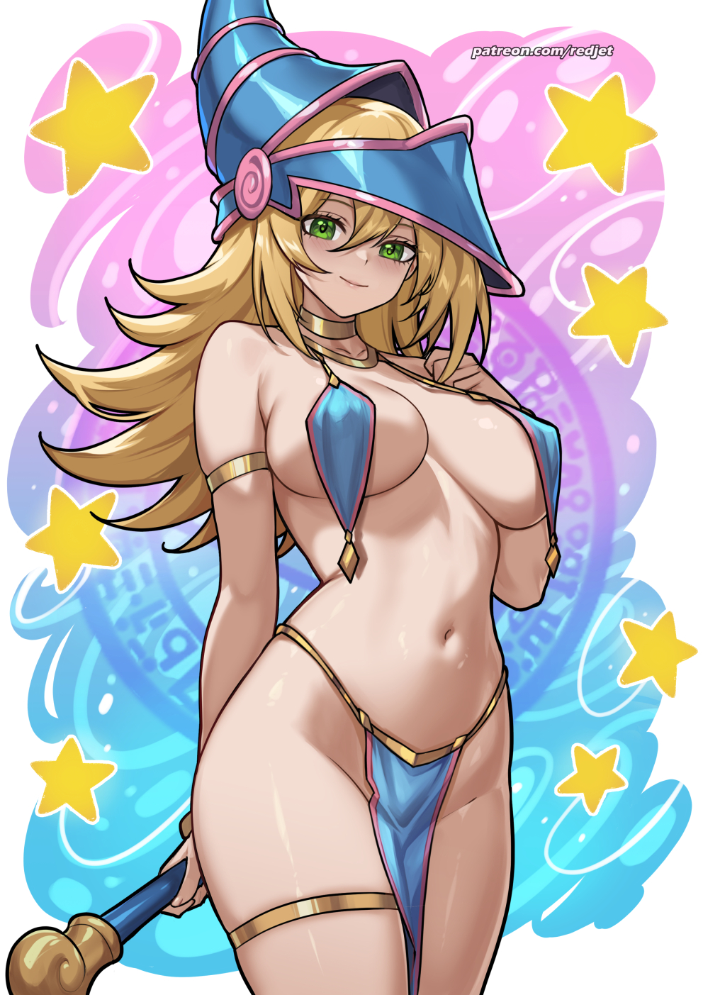 redjet, dark magician girl, yu-gi-oh!, yu-gi-oh! duel monsters, commentary, english commentary, highres, 1girl, blonde hair, breasts, cowboy shot, duel monster, gold thighlet, green eyes, harem outfit, hat, holding, holding staff, jewelry, large breasts, long hair, looking at viewer, navel, pelvic curtain, pentagram, smile, solo, staff, thighlet, wizard hat