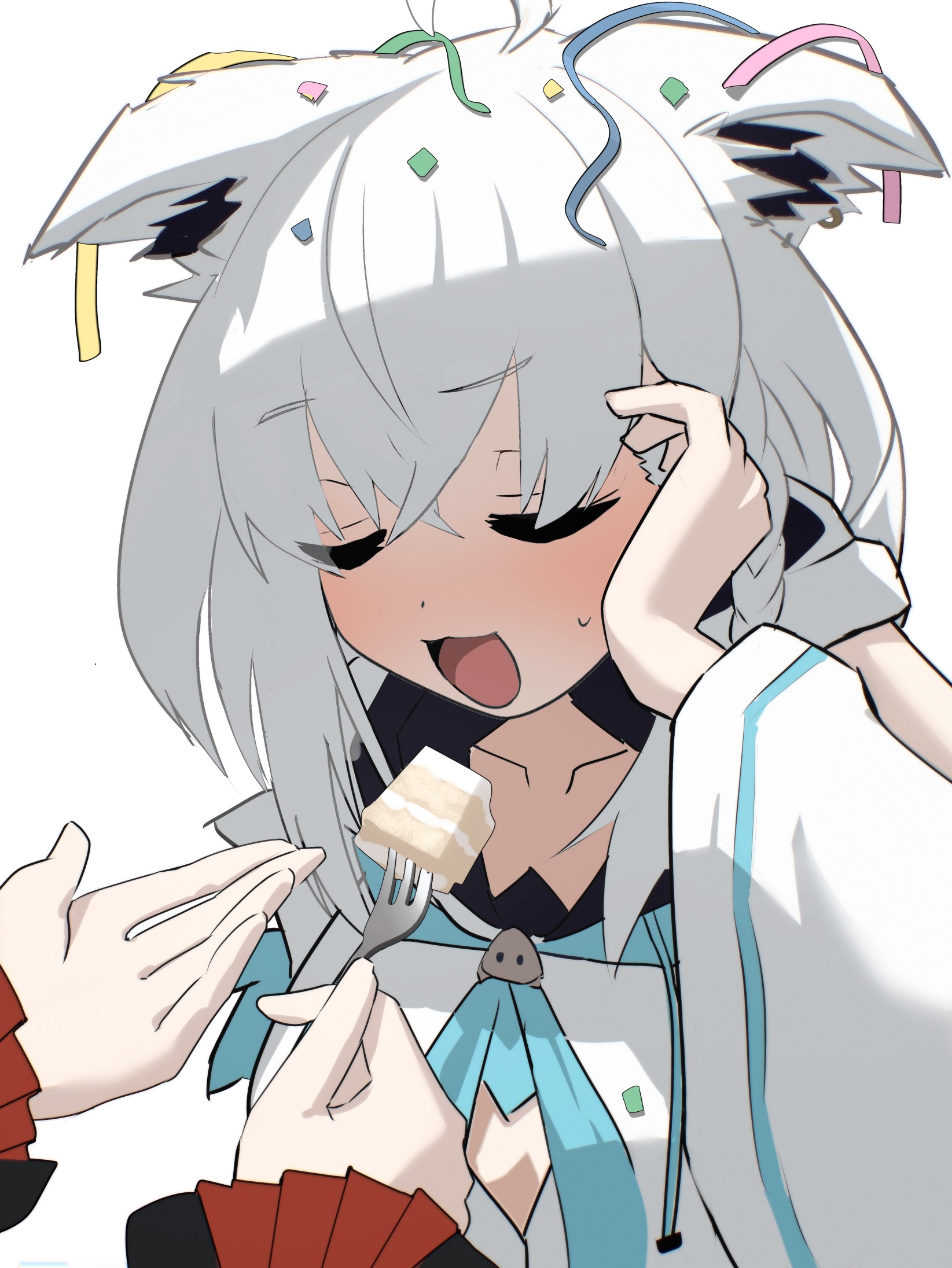 numzawa, ookami mio, ookami mio (1st costume), shirakami fubuki, shirakami fubuki (1st costume), hololive, commentary request, highres, :3, ahoge, animal ears, blush, braid, closed eyes, clothing cutout, collarbone, detached sleeves, dot nose, food, fox ears, fox girl, hair between eyes, holding, holding spoon, long sleeves, open mouth, simple background, single braid, spoon, sweatdrop, virtual youtuber, white hair, wide sleeves, wolf girl