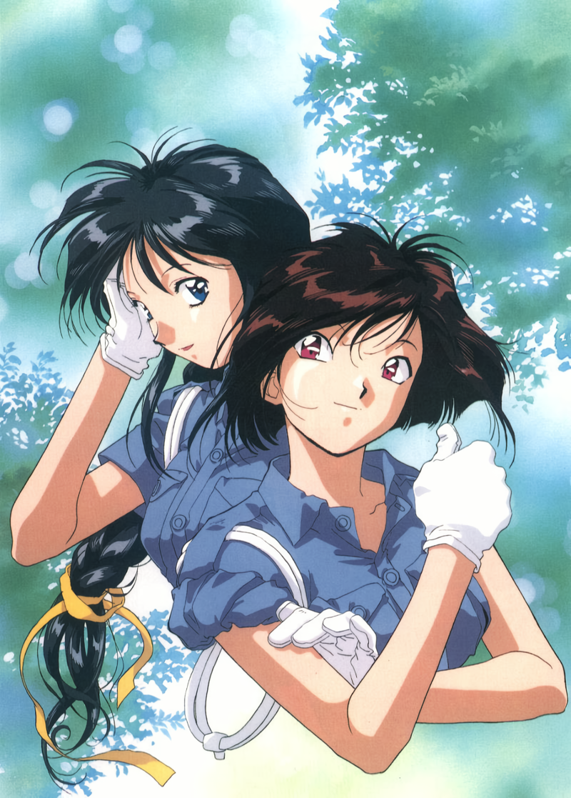 nakajima atsuko, kobayakawa miyuki, tsujimoto natsumi, taiho shichauzo, non-web source, official art, scan, 1990s (style), 2girls, black hair, blue eyes, braid, braided ponytail, hand on own face, light smile, lipstick, long hair, looking at viewer, makeup, multiple girls, red eyes, red hair, red lips, retro artstyle, ribbon, short hair, short sleeves, sleeves rolled up, thumbs up, upper body, yellow ribbon