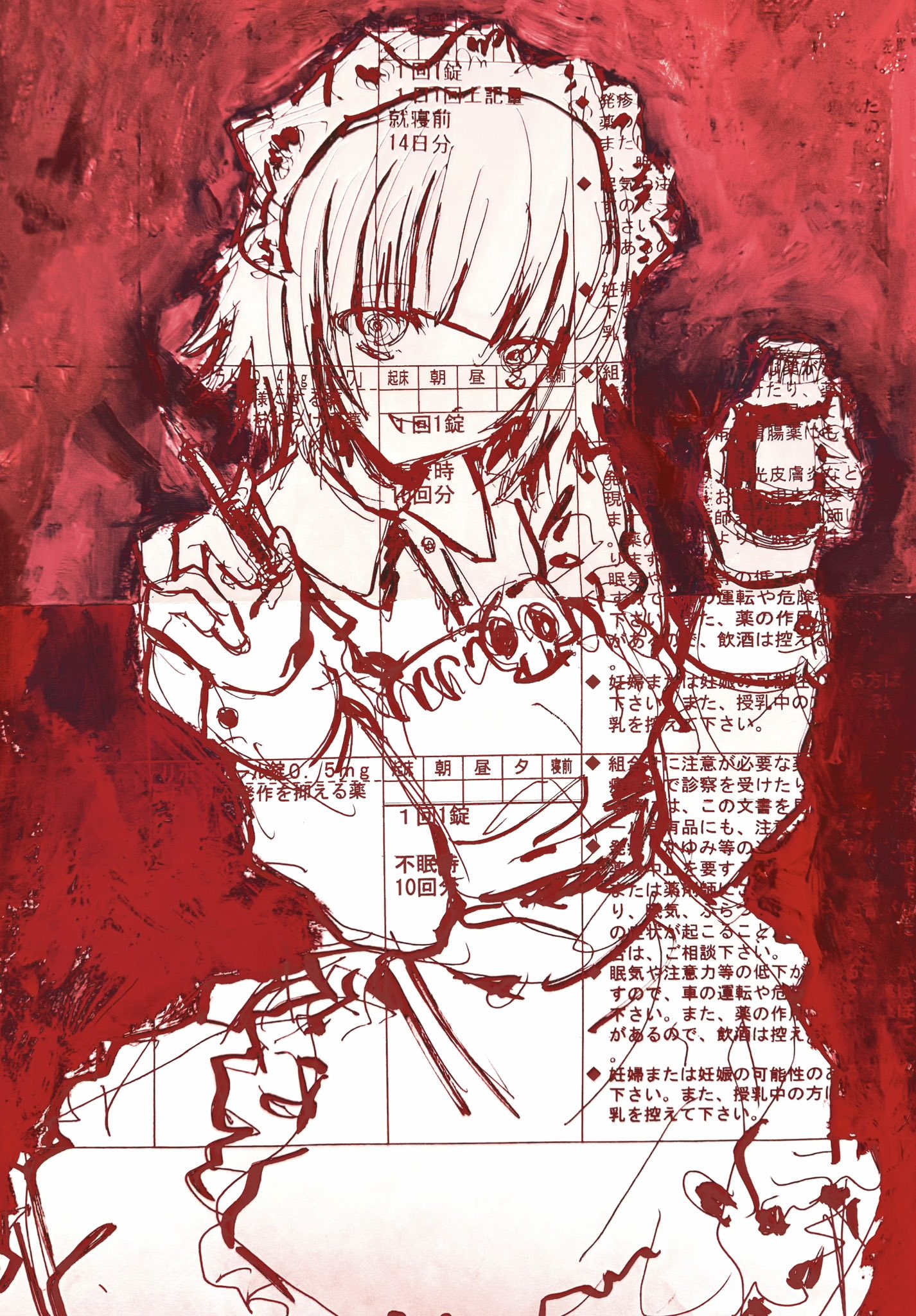chan8016, yakui, futaba channel, highres, 1girl, apron, blunt bangs, bottle, collared shirt, crazy, crazy eyes, dress, drugs, hands up, holding, holding bottle, holding syringe, looking at viewer, maid, maid headdress, monochrome, pill bottle, red background, red theme, shirt, skull print, solo, syringe