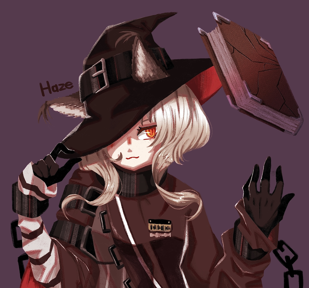 mugioec, haze (arknights), arknights, commentary request, 1girl, :3, adjusting clothes, adjusting headwear, animal ears, black gloves, black hat, book, cat ears, cat girl, chain, character name, closed mouth, cuffs, ears through headwear, floating, floating book, floating object, gloves, grey hair, hand on headwear, hat, hat belt, hat over one eye, long sleeves, looking at viewer, orange eyes, purple background, red eyes, shackles, simple background, slit pupils, smile, solo, upper body, witch hat