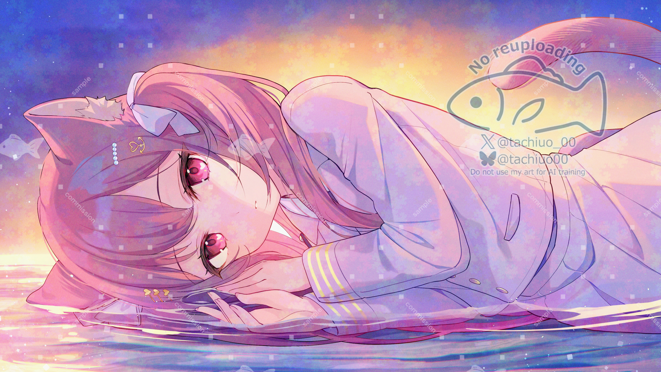 miyanome, original, adversarial noise, commentary request, commission, highres, skeb commission, 1girl, animal ear fluff, animal ears, blazer, bluesky username, bow, cat ears, cat girl, cat tail, collared shirt, grey jacket, grey skirt, hair bow, jacket, long hair, looking at viewer, lying, on side, pleated skirt, red eyes, red hair, sample watermark, school uniform, shallow water, shirt, skirt, solo, tail, twitter username, two side up, water, watermark, white bow, white shirt