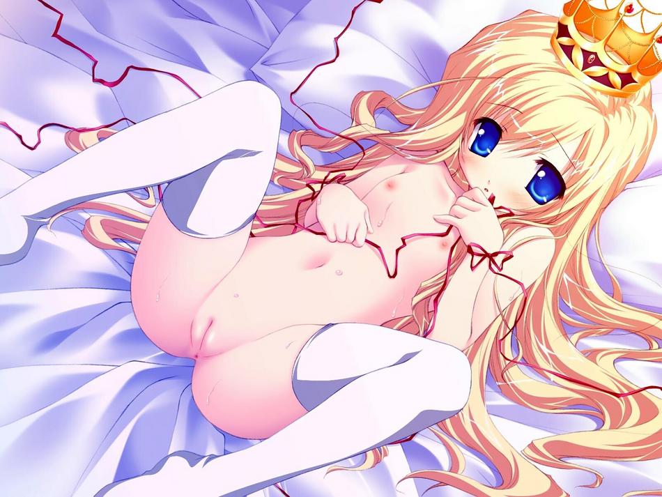 chikotam, arietta (lyrical lyric), lyrical lyric, marmalade (company), 1girl, anus, bed, blonde hair, blue eyes, blush, cleft of venus, crown, female focus, flat chest, loli, lying, nipples, nude, pillow, princess, pussy, ribbon, solo, spread legs, string, sweat, thighhighs, uncensored, white thighhighs