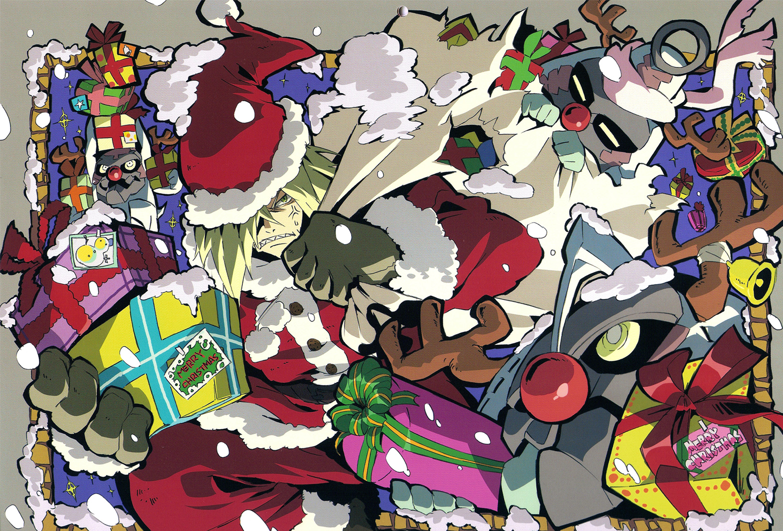 enki (juuni kokuki), enki (ttgl), enkidu (ttgl), viral (ttgl), tengen toppa gurren lagann, official art, 00s, 1boy, angry, christmas, enkidudu, oversized limbs, santa costume