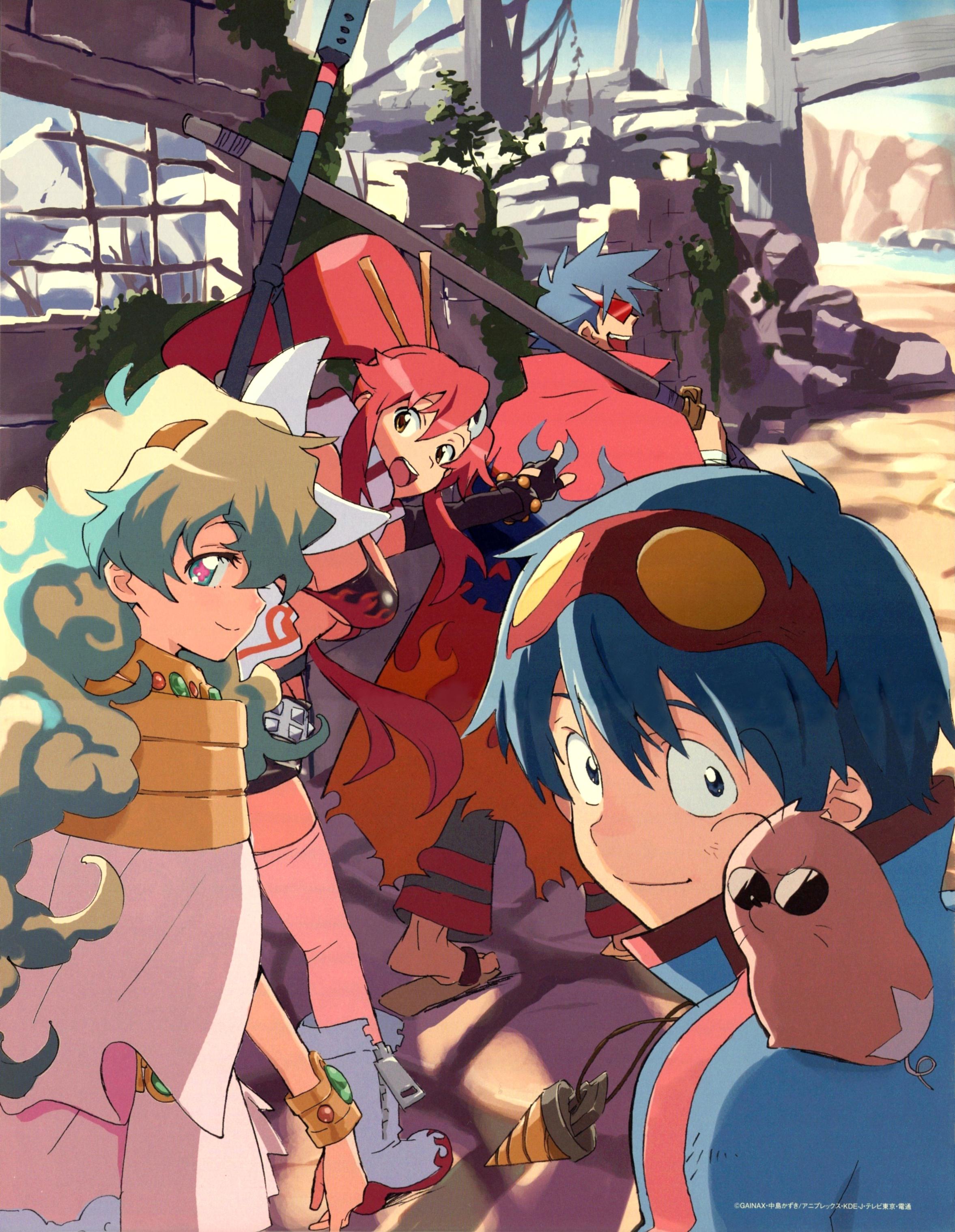 nishigori atsushi, boota (ttgl), kamina (ttgl), nia teppelin, simon (ttgl), yoko littner, tengen toppa gurren lagann, absurdres, highres, official art, scan, 00s, 2boys, 2girls, multiple boys, multiple girls