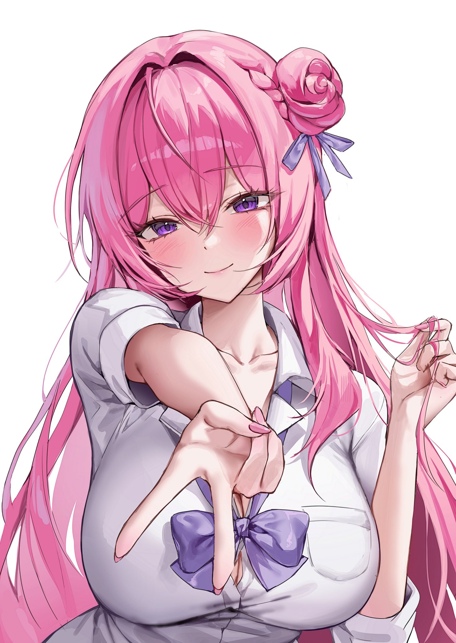 soymilk arts2, dorothy (nikke), goddess of victory: nikke, commentary request, highres, korean commentary, 1girl, blush, braid, braided bun, breasts, collarbone, collared shirt, gyaru v, hair bun, hair intakes, large breasts, long hair, looking at viewer, neck ribbon, pink hair, pink nails, purple eyes, purple ribbon, ribbon, shirt, single hair bun, sleeves rolled up, smile, solo, twirling hair, upper body, v, very long hair, white background, white shirt