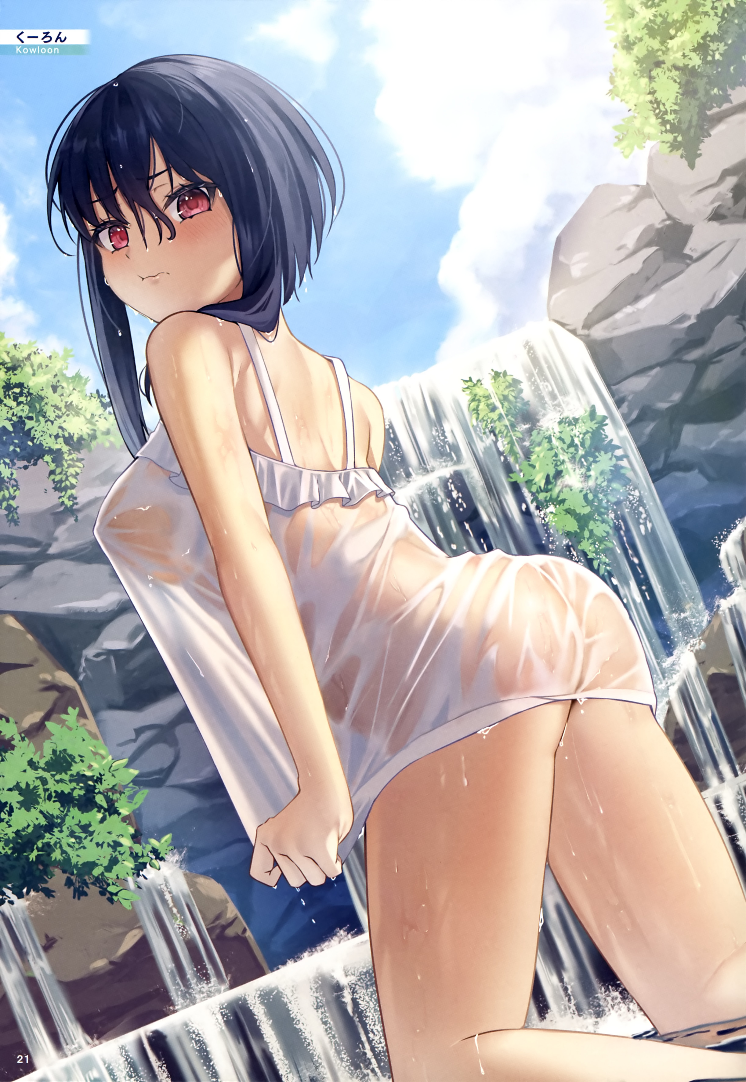 kuuron, dengeki moeoh, original, absurdres, highres, magazine scan, scan, third-party source, 1girl, armpit crease, artist name, ass, bare arms, bare legs, black hair, blue sky, blush, breasts, camisole, closed mouth, clothes tug, cloud, cloudy sky, covered erect nipples, cowboy shot, day, from behind, from below, furrowed brow, kneeling, large breasts, looking at viewer, looking back, looking down, medium hair, outdoors, page number, pout, red eyes, see-through camisole, see-through clothes, sky, solo, thighs, tree, water, water drop, waterfall, wet, wet clothes, wet hair, white camisole