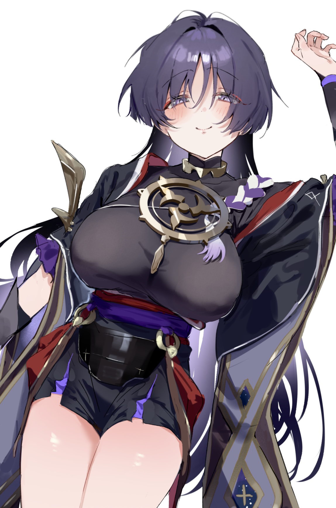 au au08, scaramouche (genshin impact), genshin impact, commentary, highres, symbol-only commentary, 1girl, arm up, armor, black dress, blush, breasts, choppy bangs, closed mouth, cowboy shot, dress, eyeliner, genderswap, genderswap (mtf), hair between eyes, japanese armor, japanese clothes, kote, kurokote, large breasts, long hair, looking at viewer, makeup, purple eyes, purple hair, red eyeliner, simple background, smile, solo, white background