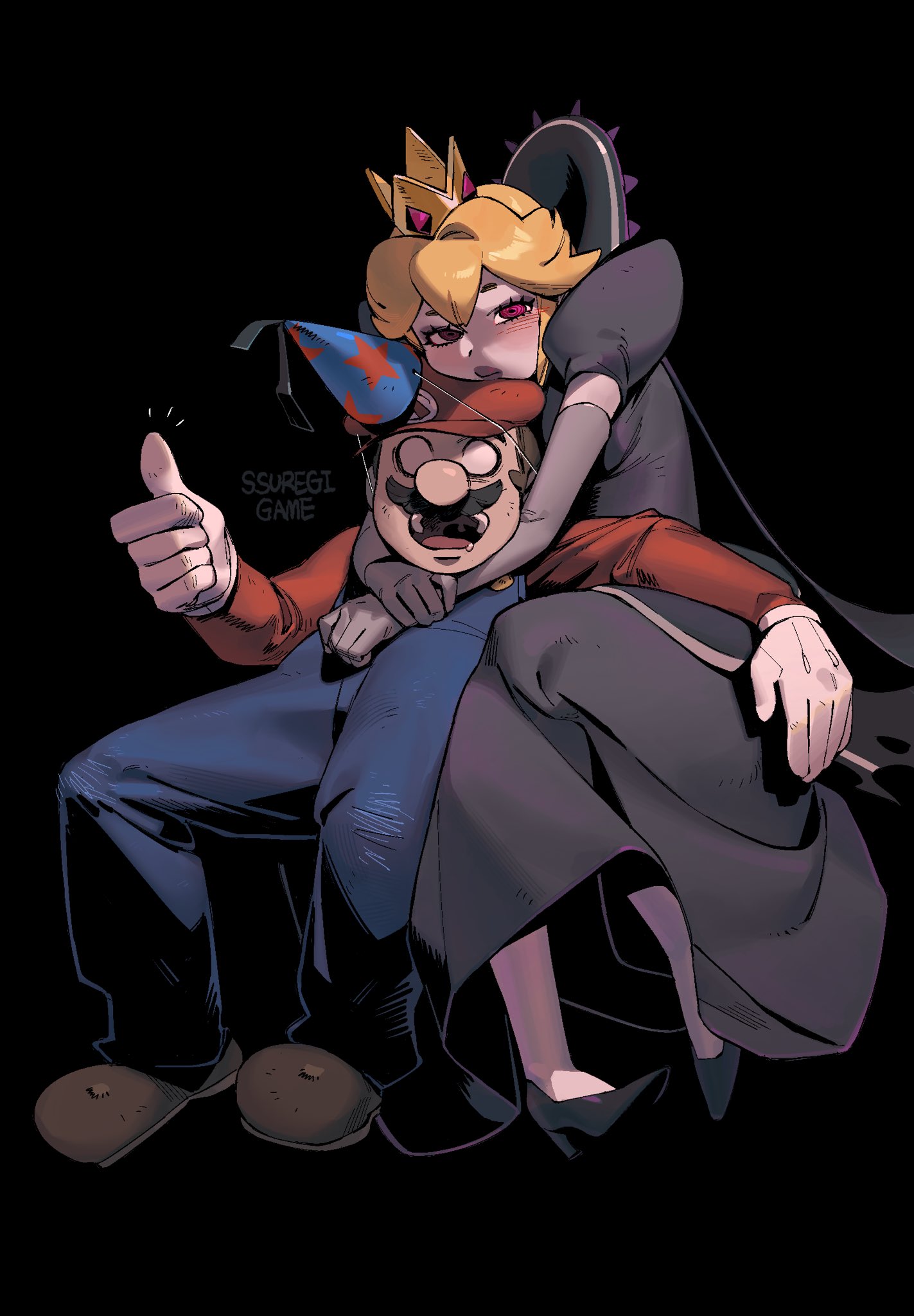 ssuregigame, mario, shadow queen, mario (series), nintendo, paper mario, paper mario: the thousand-year door, commentary, highres, symbol-only commentary, 1boy, 1girl, artist name, black background, black dress, black hair, black lips, black shoes, blank eyes, blonde hair, blue hat, blue overalls, brown hair, brown shoes, crown, dress, drooling, elbow gloves, facial hair, gloves, grey gloves, hat, hug, hug from behind, light blush, mustache, open mouth, overalls, party hat, pink eyes, puffy cheeks, red hat, red shirt, ringed eyes, shirt, shoes, sitting, thumbs up, white gloves