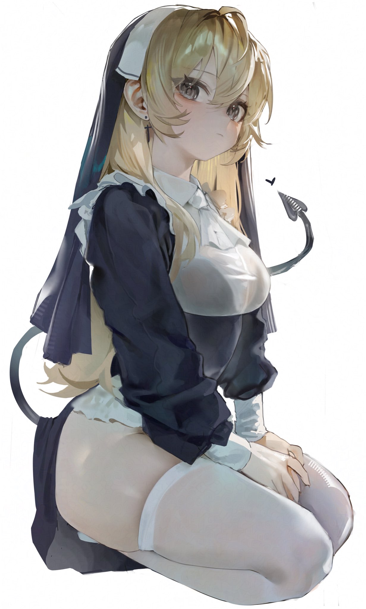 yonchan, original, commentary, highres, revision, 1girl, blonde hair, breasts, coif, cross, cross earrings, demon girl, demon tail, earrings, grey eyes, hair between eyes, heart, jewelry, long hair, long sleeves, looking at viewer, medium breasts, nun, nun headdress, parted lips, puffy long sleeves, puffy sleeves, seiza, simple background, sitting, solo, tail, thighhighs, thighs, white background, white thighhighs