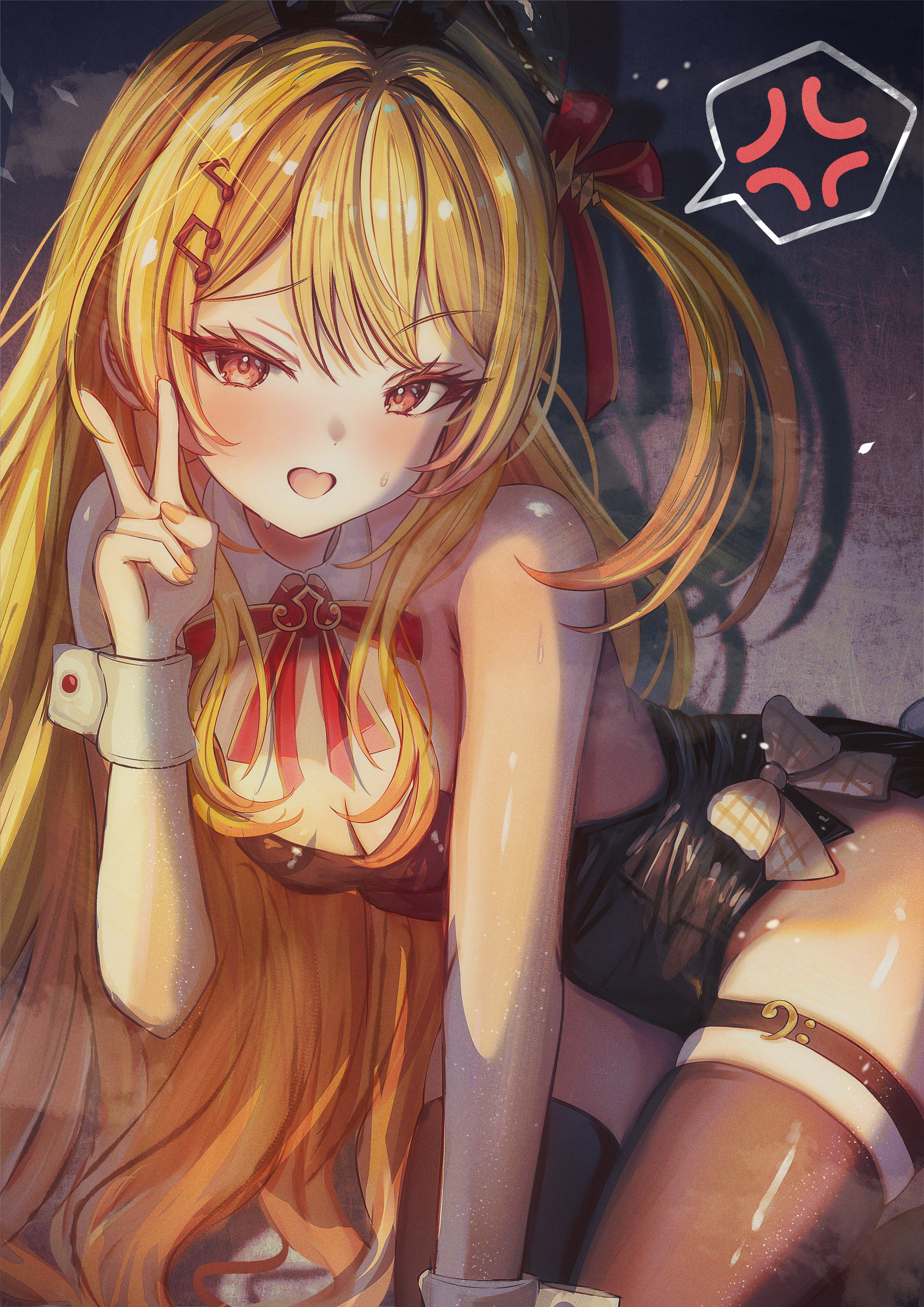 mito soosu, otonose kanade, hololive, absurdres, commentary request, highres, 1girl, alternate costume, anger vein, bare shoulders, black leotard, black thighhighs, blonde hair, bow, breasts, cleavage, detached collar, fortissimo, gradient hair, hair ornament, legband, leotard, looking at viewer, multicolored hair, musical note, musical note hair ornament, open mouth, orange eyes, orange hair, playboy bunny, speech bubble, thick thighs, thighhighs, thighs, v, virtual youtuber, white bow