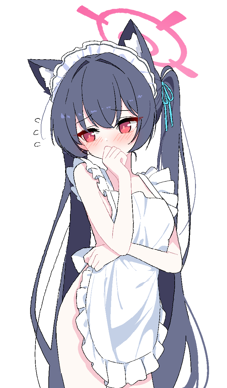lmg7811, serika (blue archive), blue archive, commentary, highres, 1girl, apron, bare arms, bare shoulders, black hair, blue ribbon, blush, breasts, collarbone, covered mouth, flying sweatdrops, frilled apron, frills, hair between eyes, hair intakes, hair ribbon, halo, long hair, maid apron, maid headdress, naked apron, nose blush, red eyes, ribbon, simple background, small breasts, solo, twintails, very long hair, white apron, white background