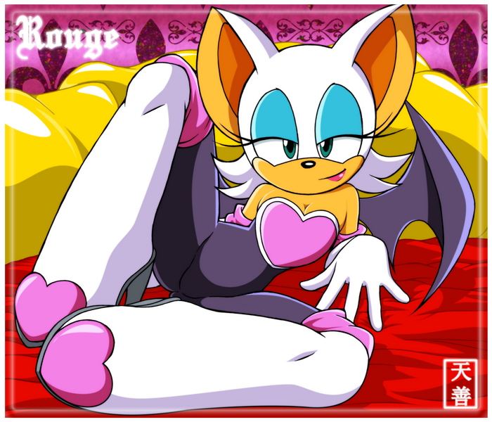 nagano tenzen, rouge the bat, sonic (series), animal ears, bed, breasts, cleavage, furry, lying, smile, wings