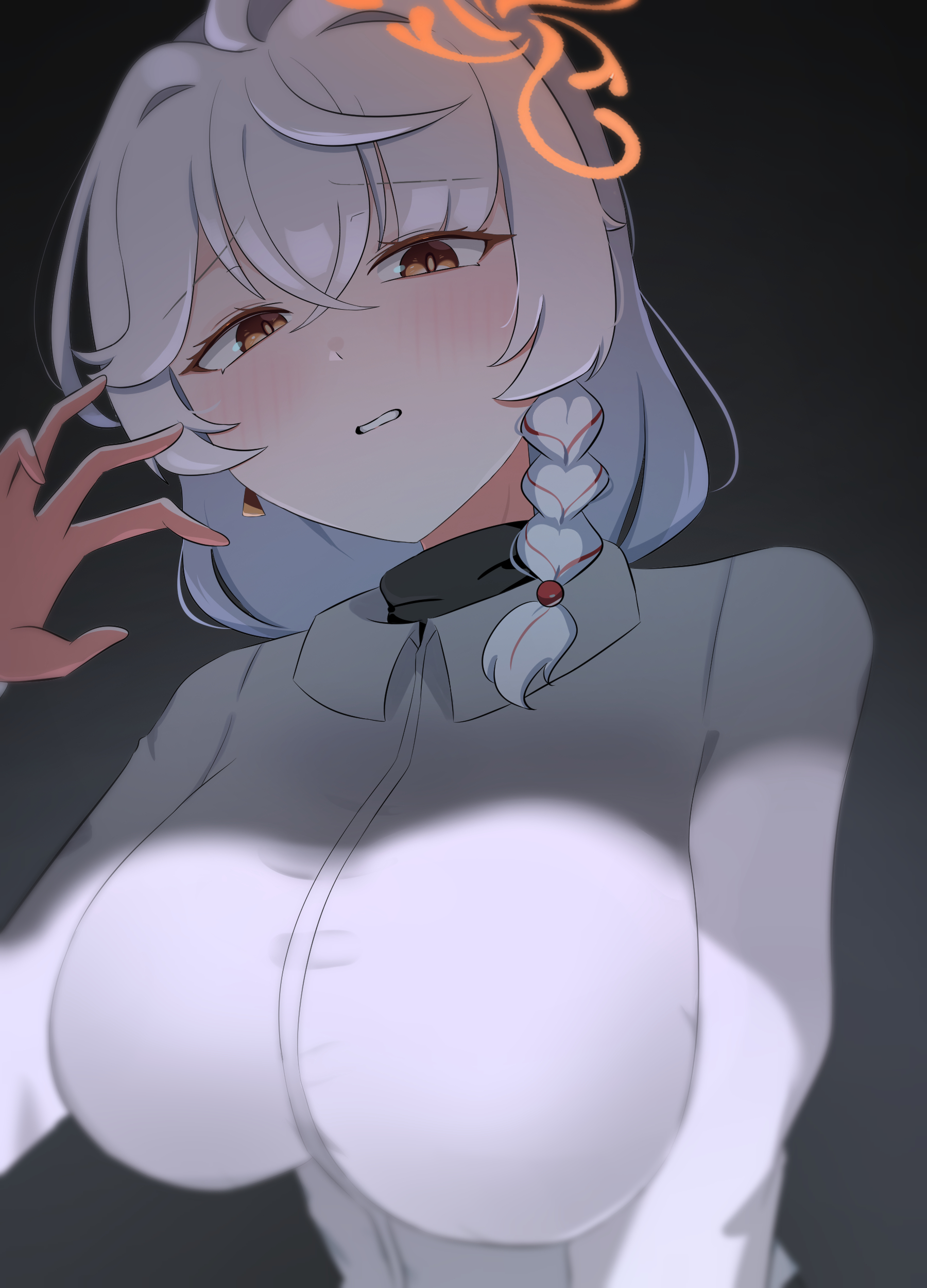 sabnak66, eri (blue archive), blue archive, absurdres, commentary request, highres, korean commentary, blush, braid, breasts, brown halo, dark background, dress shirt, earrings, hair between eyes, halo, hand up, jewelry, large breasts, long sleeves, medium hair, shade, shaded face, shirt, side braid, simple background, single earring, sweater, teeth, turtleneck, turtleneck sweater, upper body, white hair, white shirt, yellow eyes