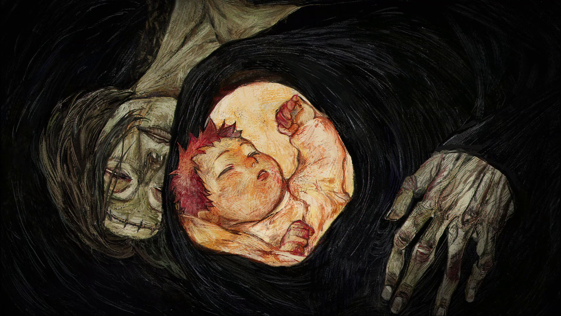 itadori kaori, itadori yuuji, jujutsu kaisen, anime screenshot, highres, official art, 1boy, 1girl, aged down, baby, closed eyes, lips, medium hair, nose, red hair, short hair, squinting, stitched forehead