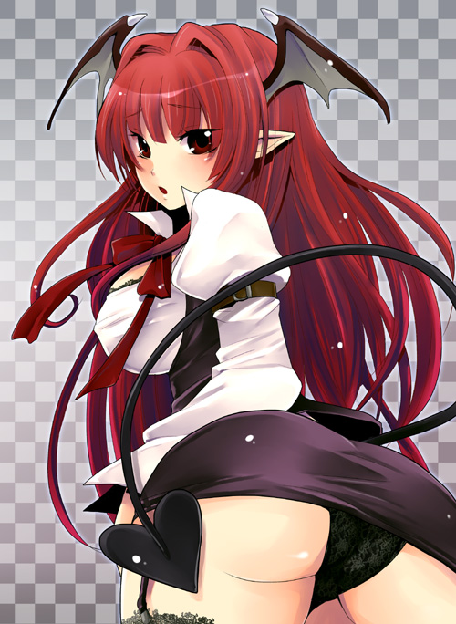 yomorin, koakuma, embodiment of scarlet devil, touhou, bad id, bad pixiv id, 1girl, ass, bat wings, breasts, female focus, head wings, huge breasts, long hair, panties, red eyes, red hair, skirt, solo, tail, thighhighs, underwear, wings